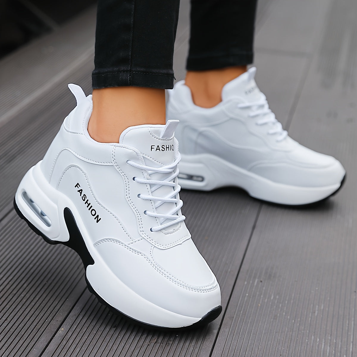 Women's White PU Sneakers Air Cushion Low Top Athletic Shoes