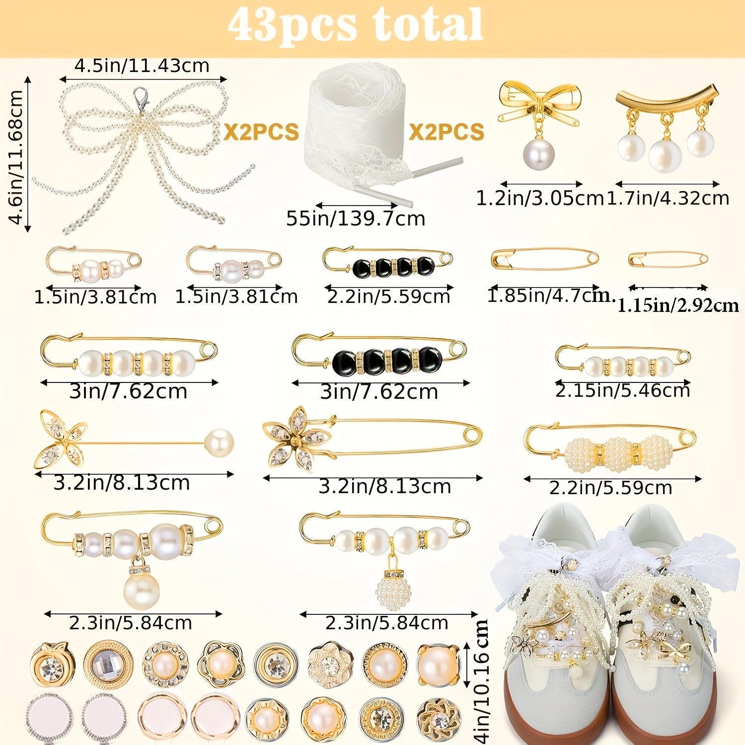 Women Sports Shoe Socks Set With Pearl Shoelace Decorations and Brooches