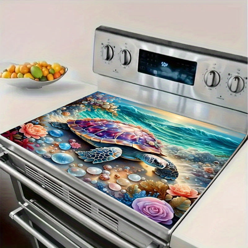 Ocean-Themed Gas Stove Burner Cover Mat with Sea Turtle and Coral Reef Design High-Temperature Resistant Polyester