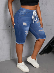 Ayollar uchun tornali, toza bo'yinli denim kapri shimlar, chiziqli elastik belbog' bilan