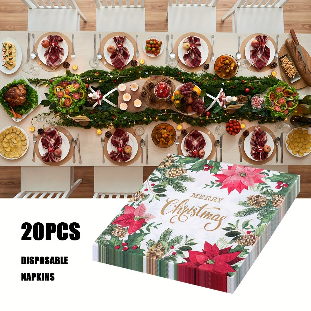 20 Christmas Disposable Paper Placemats with "Merry Christmas" Message Floral Print Square Shape