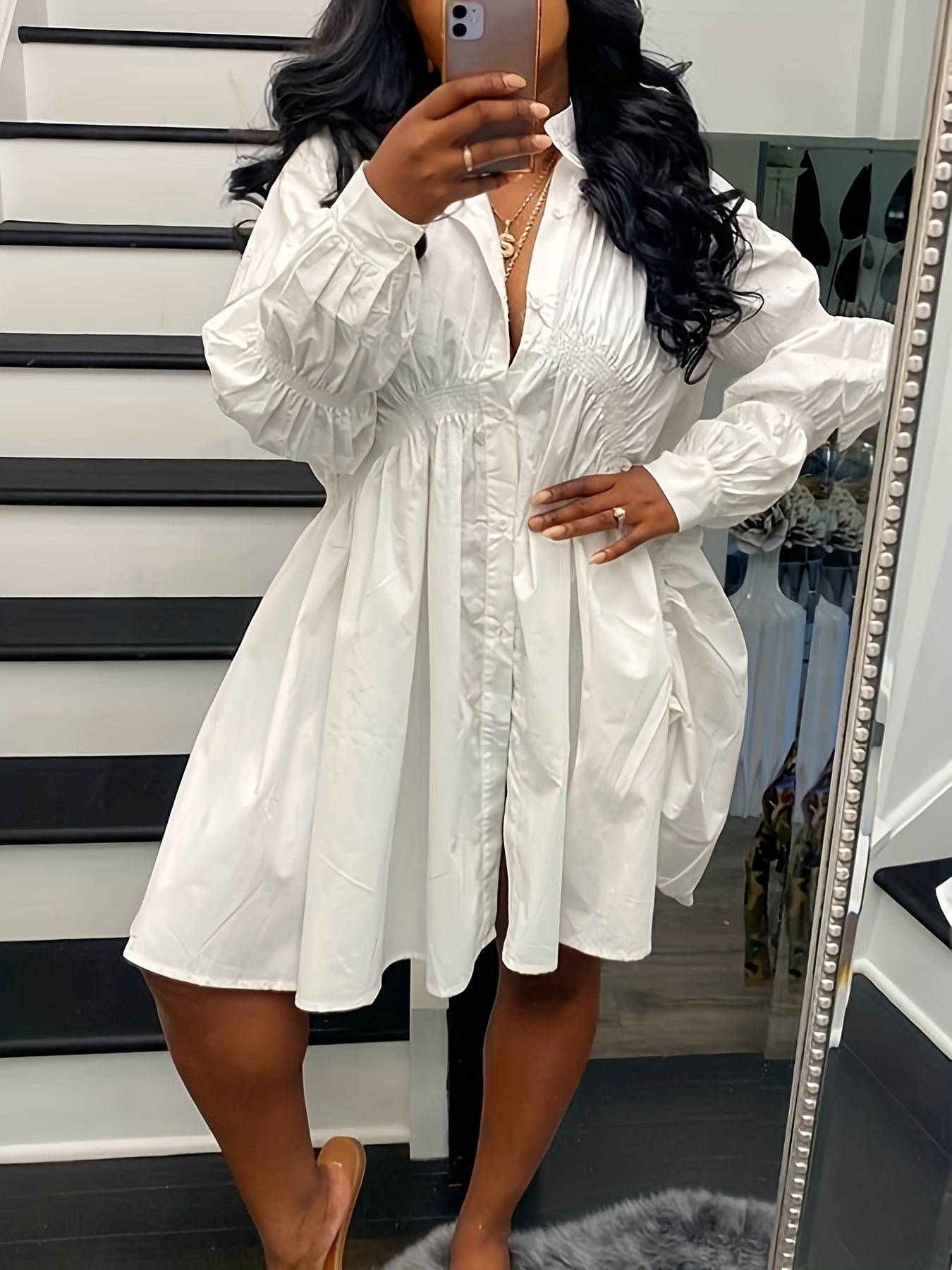 Plus Size Women's Casual Semi-Sheer Shirt Dress with Ruffled Sleeves
