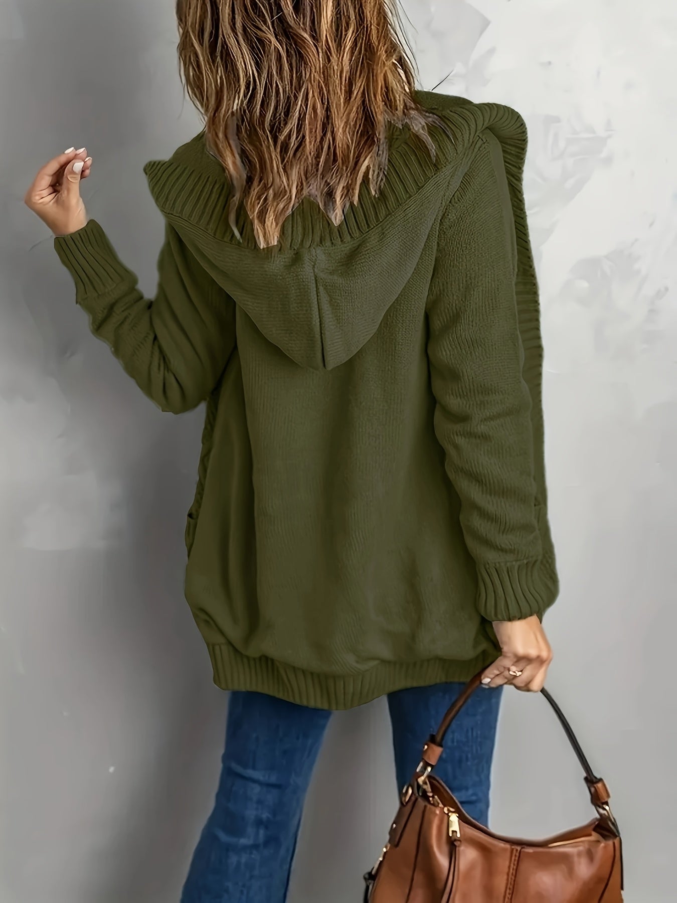 Plus Size Women's Cable Knit Hooded Cardigan Long Sleeve Fall Casual Sweater