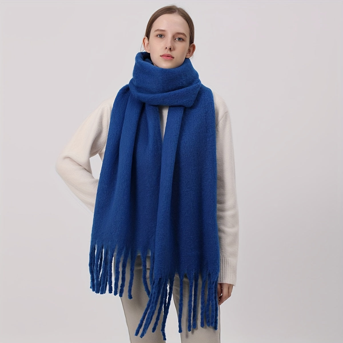 Women's Autumn Winter Solid Color Fringe Scarf Soft Windproof Large Shawl