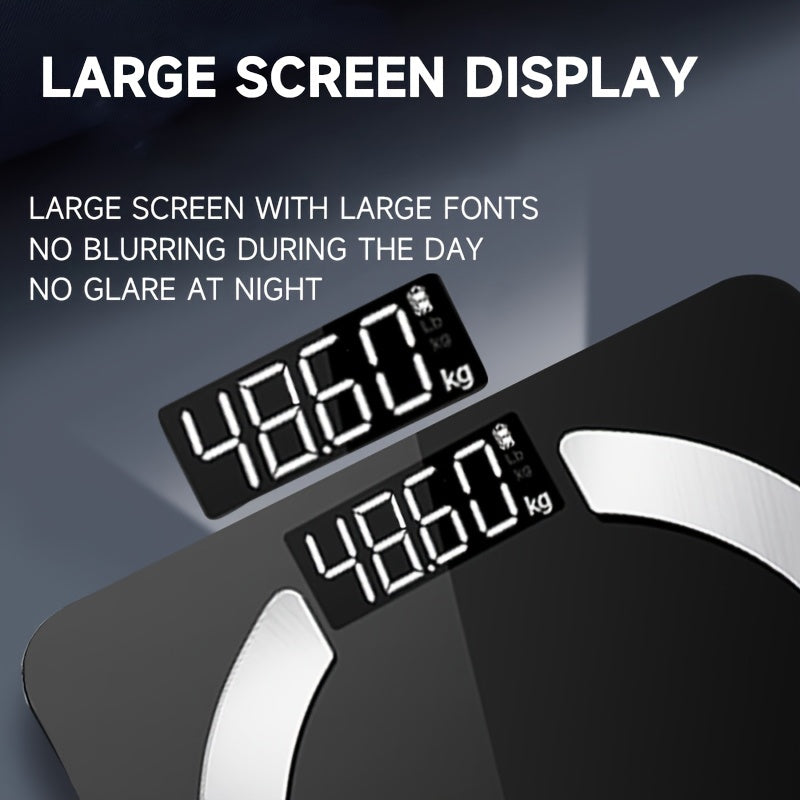 LCD displeyli raqamli hammom tarozi, 181.44 KG sig'im, tana tahlili, mushak va namlik, mobil ilova bilan ulanish, batareya bilan ishlaydi (batareyalar kiritilmagan).