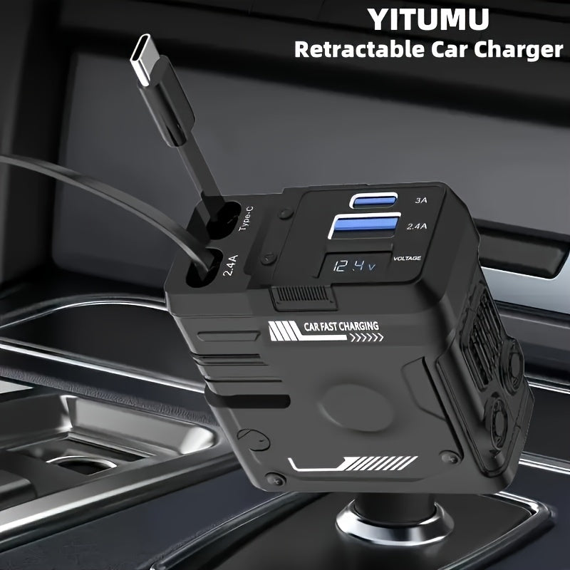 Cargador de coche retráctil con cable de 80cm, 66W, adaptador USB rápido 4 en 1