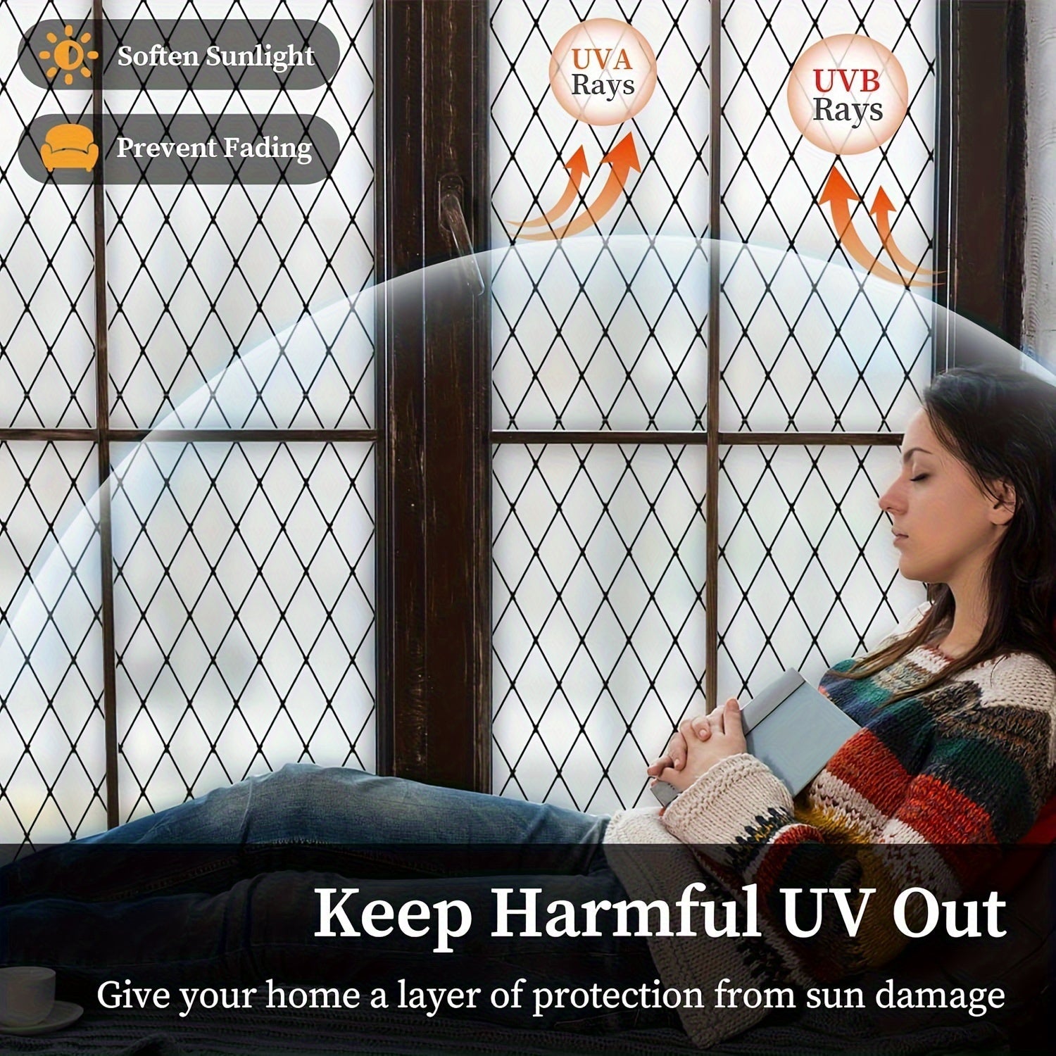 Black Lattice Privacy Window Film Frosted Glass Door Cover UV Protection 5Mil Static Cling