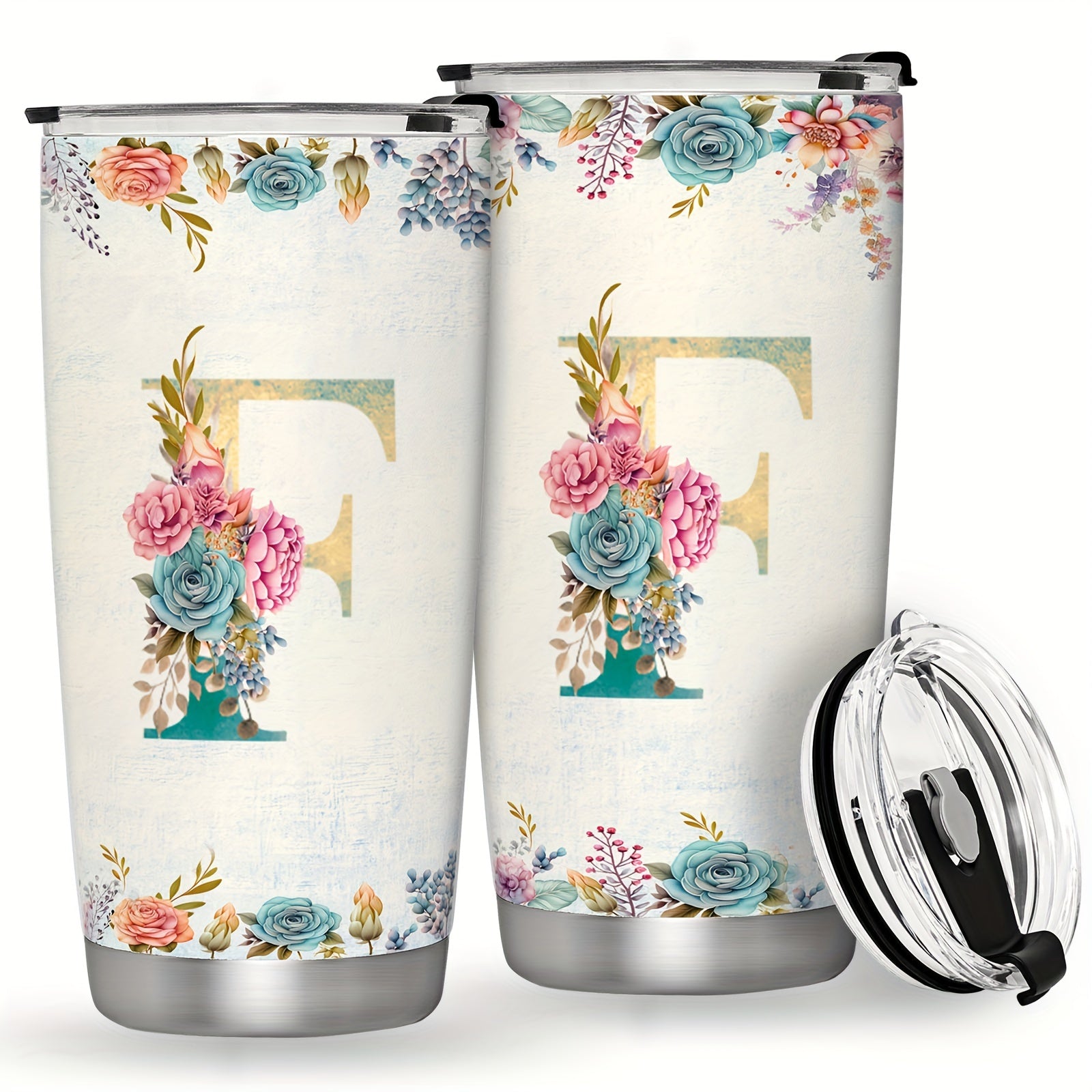 20oz Stainless Steel Tumbler with Monogram Floral Design Leak Proof Lid for Outdoor Use
