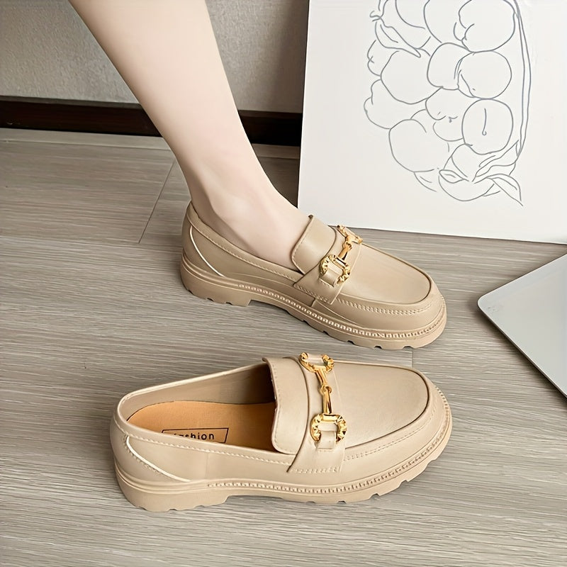 Women's Slip-On Loafers Black Beige White Round Toe Thick Sole Retro British Style