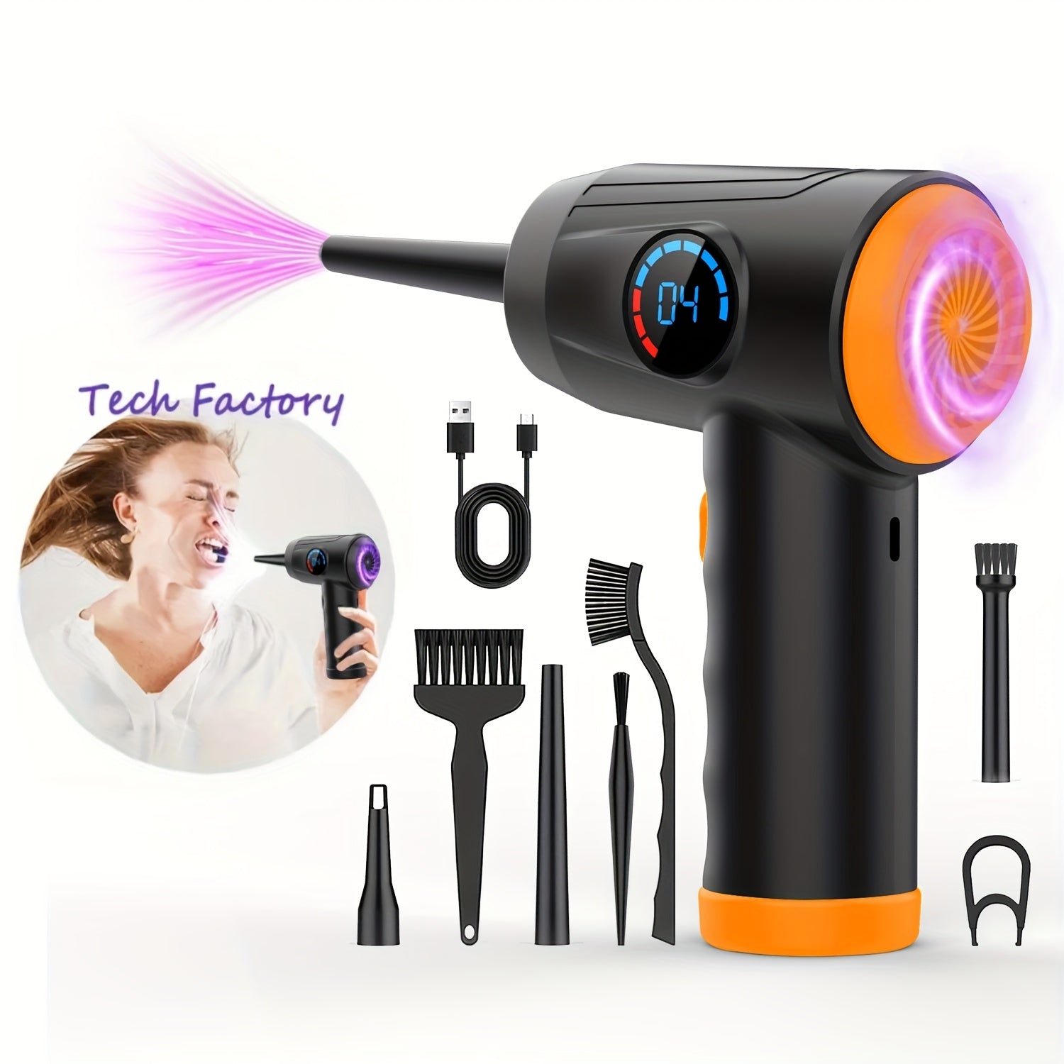 Cordless Air Duster with LED Light and 4 Nozzles, 51000 RPM, 4-Speed Electric Blower, Rechargeable, Portable Computer and Electronics Cleaner