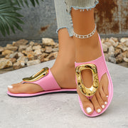 Women's Faux Leather Flip-Flops with Gold Buckle Open Toe Casual Sandals