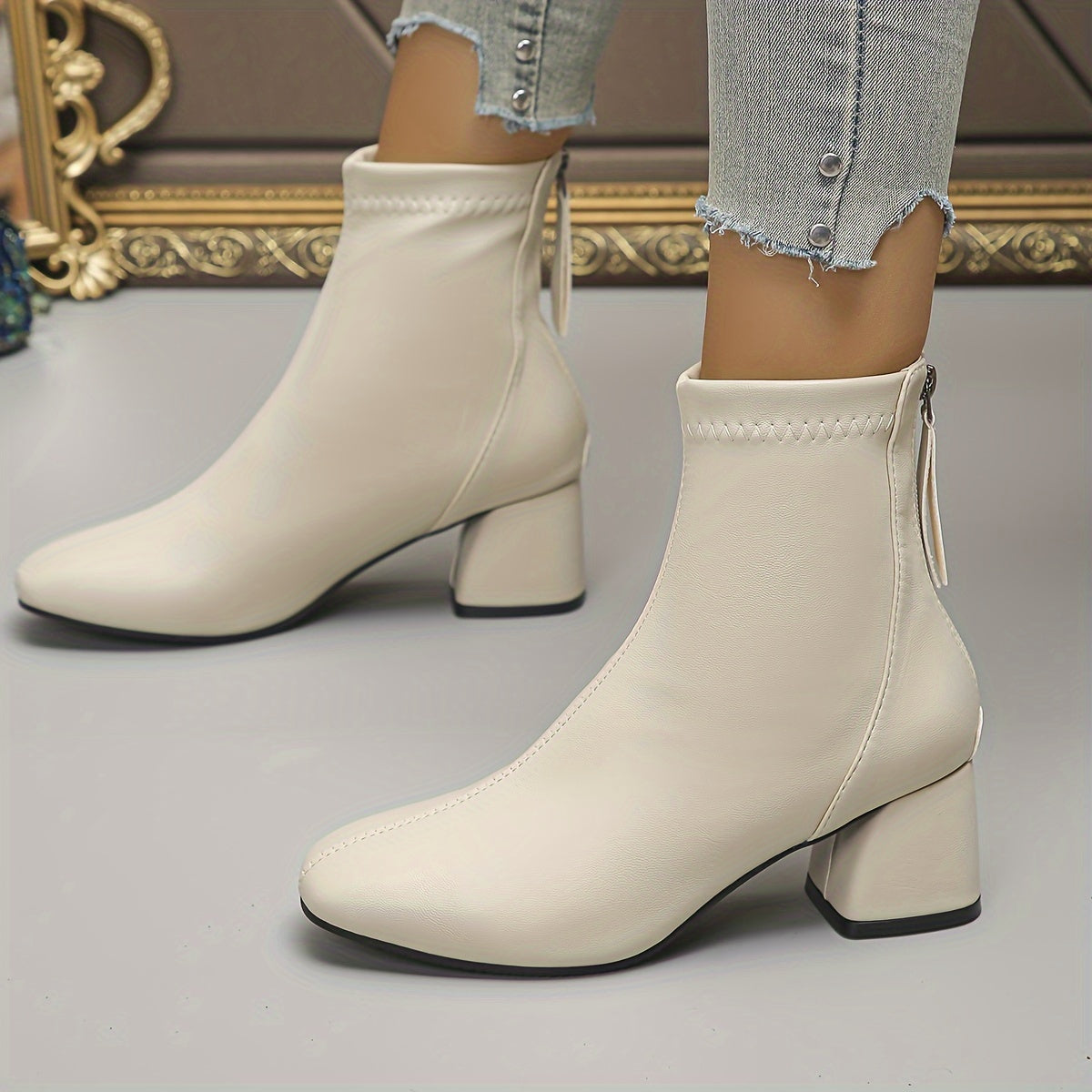 Women's Chunky Heel Ankle Boots Solid Color Back Zipper Rubber PU