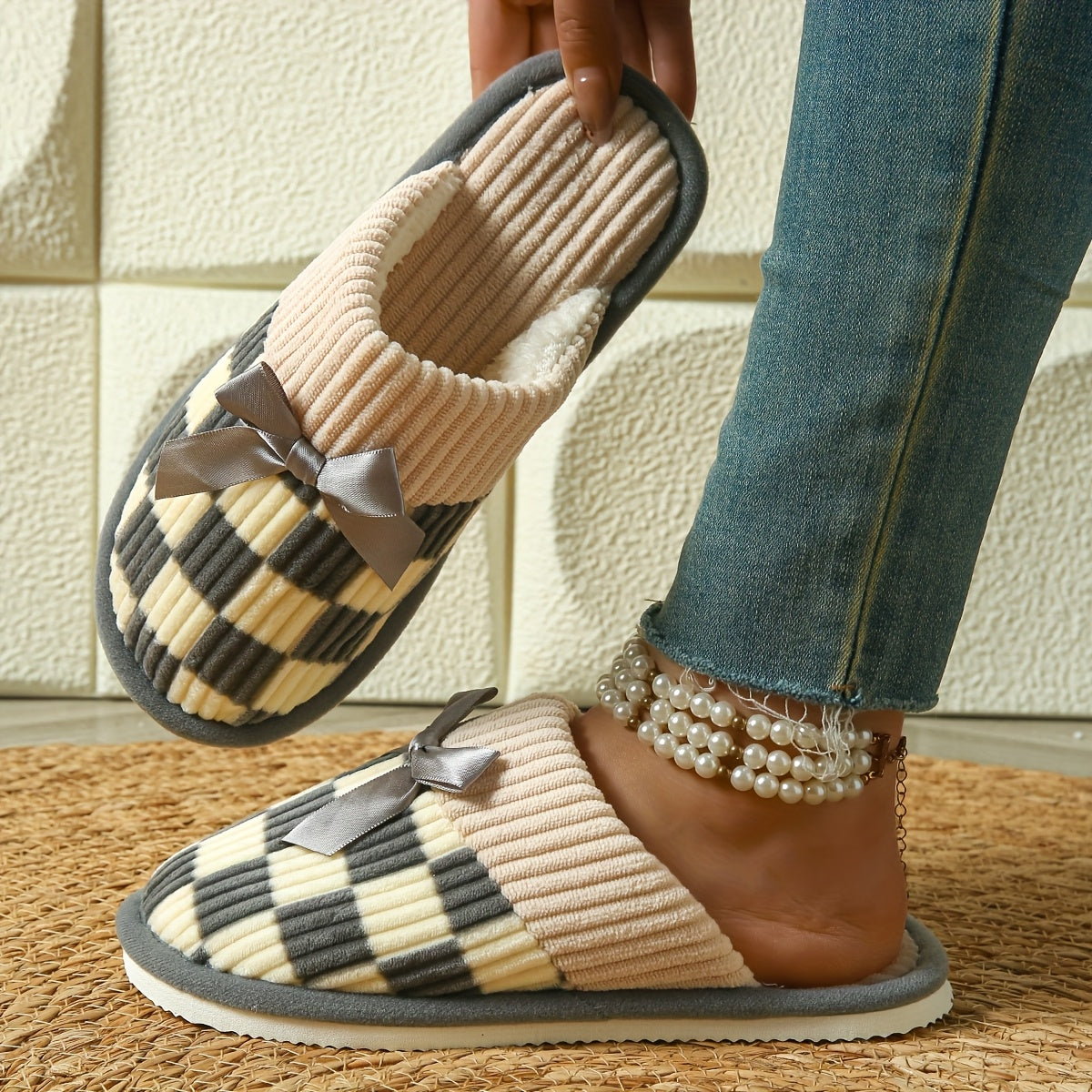 Unisex Plush Slip-On House Shoes Beige Black White Gray Indoor Comfort