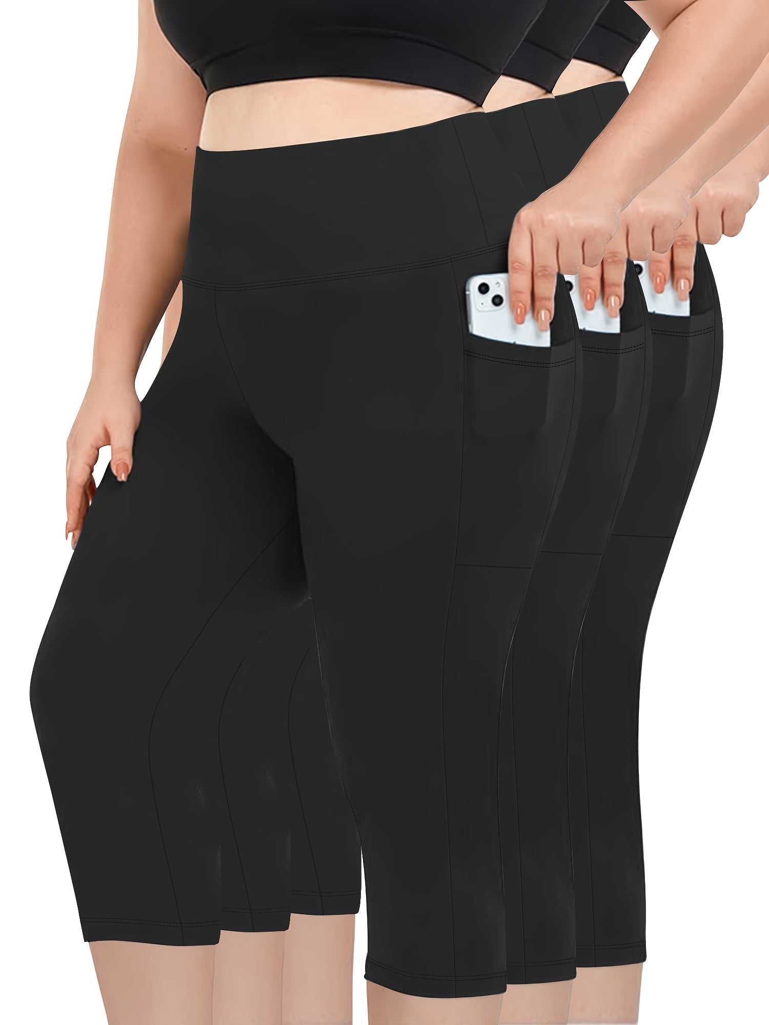 Plus Size Women Capri Leggings 3 Pack Tummy Control High Waist Pockets