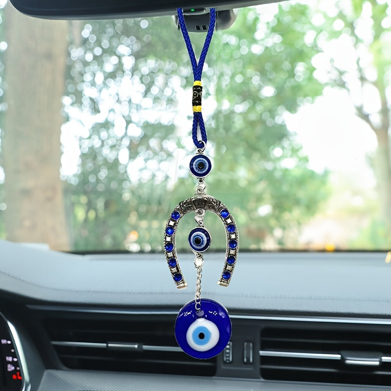 Turkish Blue Evil Eye Horseshoe Car Charm Hanging Ornament Protective Decor