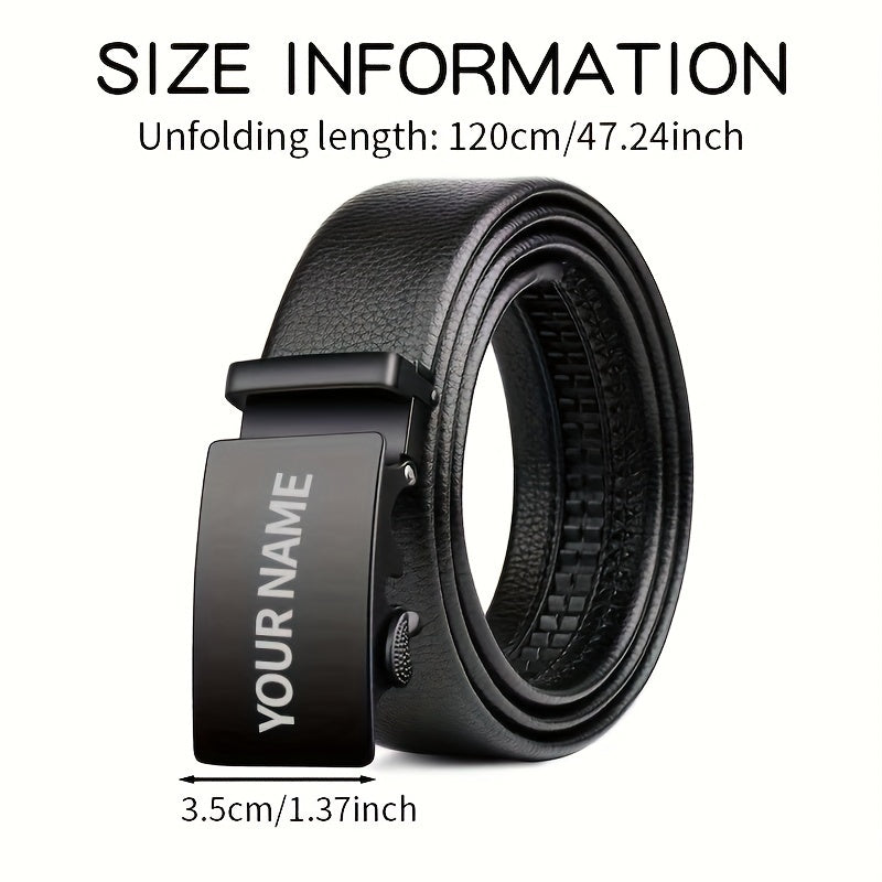 Men's Black Faux Leather Belt with Custom Engraving Automatic Buckle for Casual or Work Wear