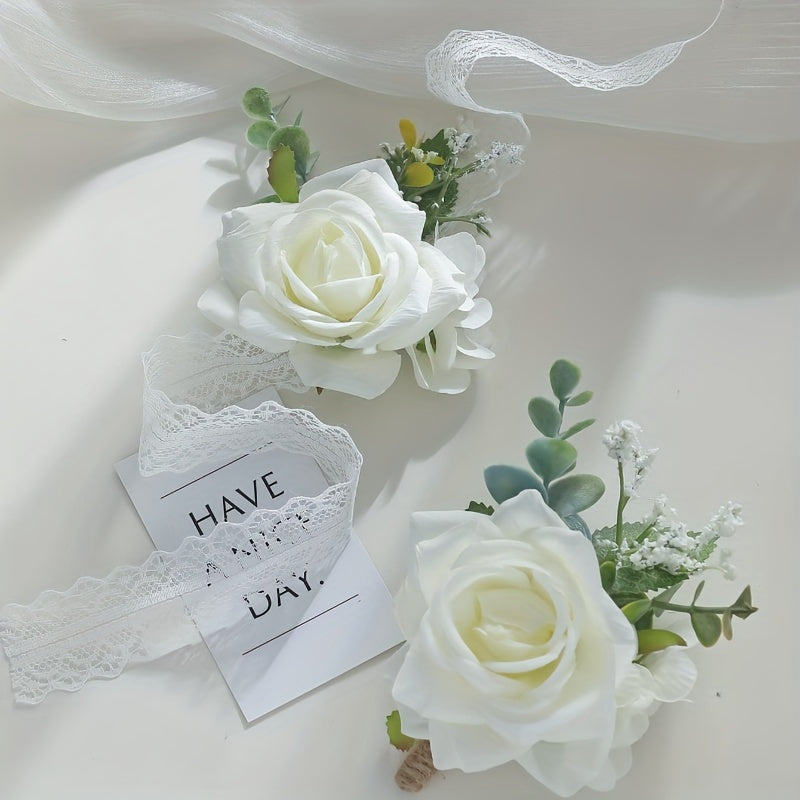 Set of 2 Bohemian Rose Flower Corsages and Wristlets for Weddings