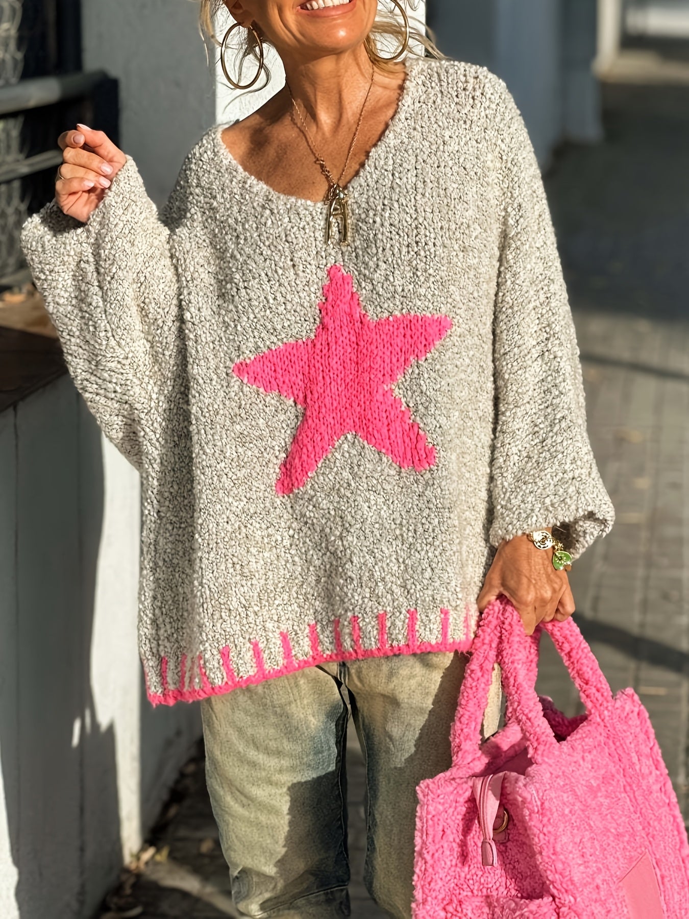 Women's Plus Size Oversized V-Neck Sweater Lightweight Ribbed Pullover