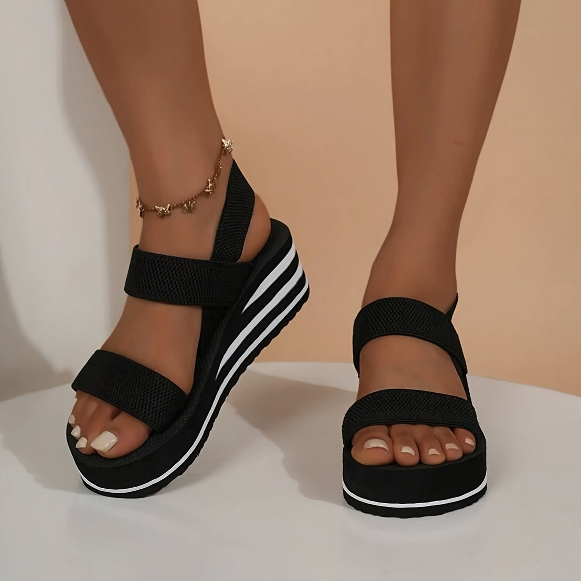Women Black Wedge Sandals Open Toe Summer Casual Strappy