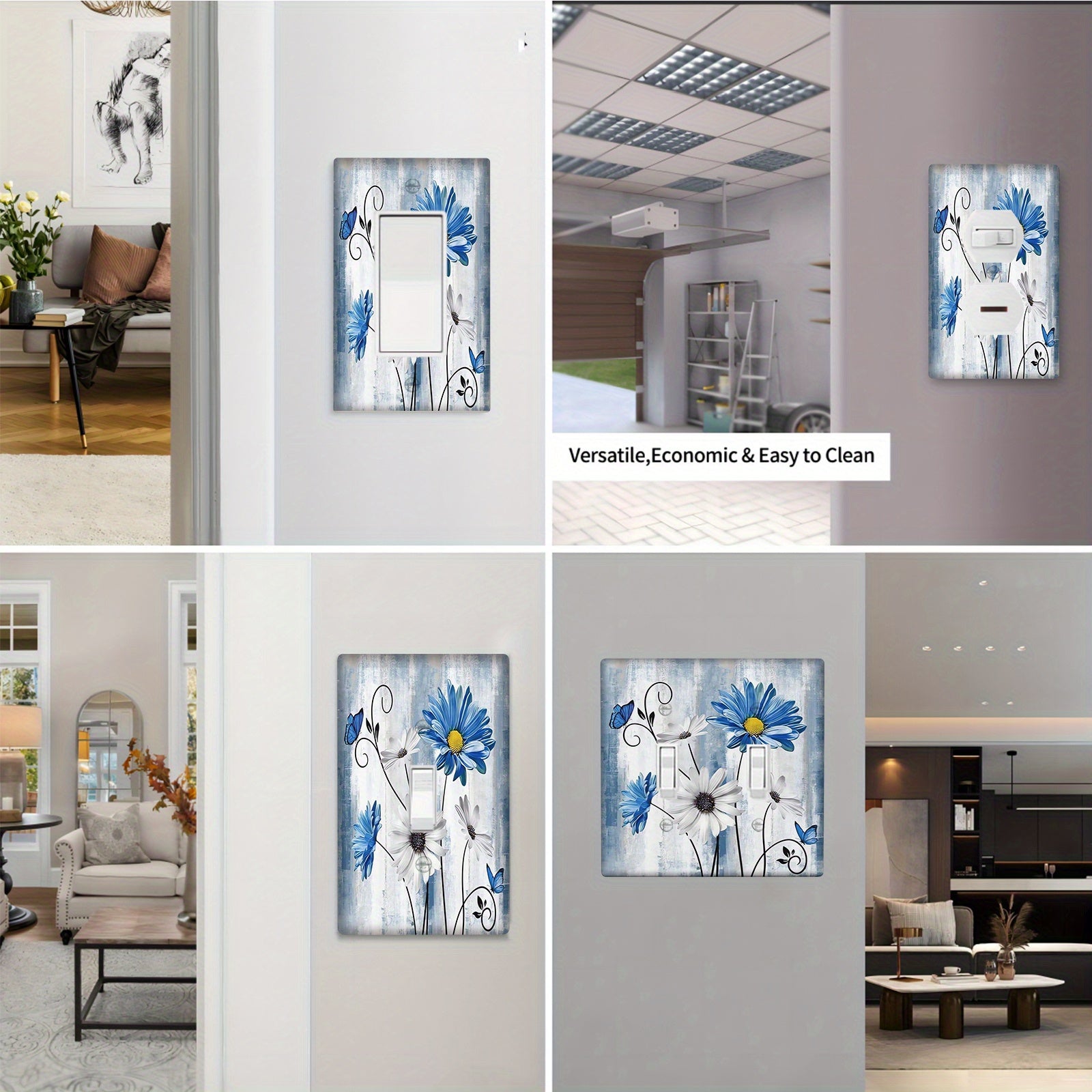 Placa de pared floral Blue Daisy para decoración de dormitorio estilo granja. Compatible con 1 o 2 tomas de corriente