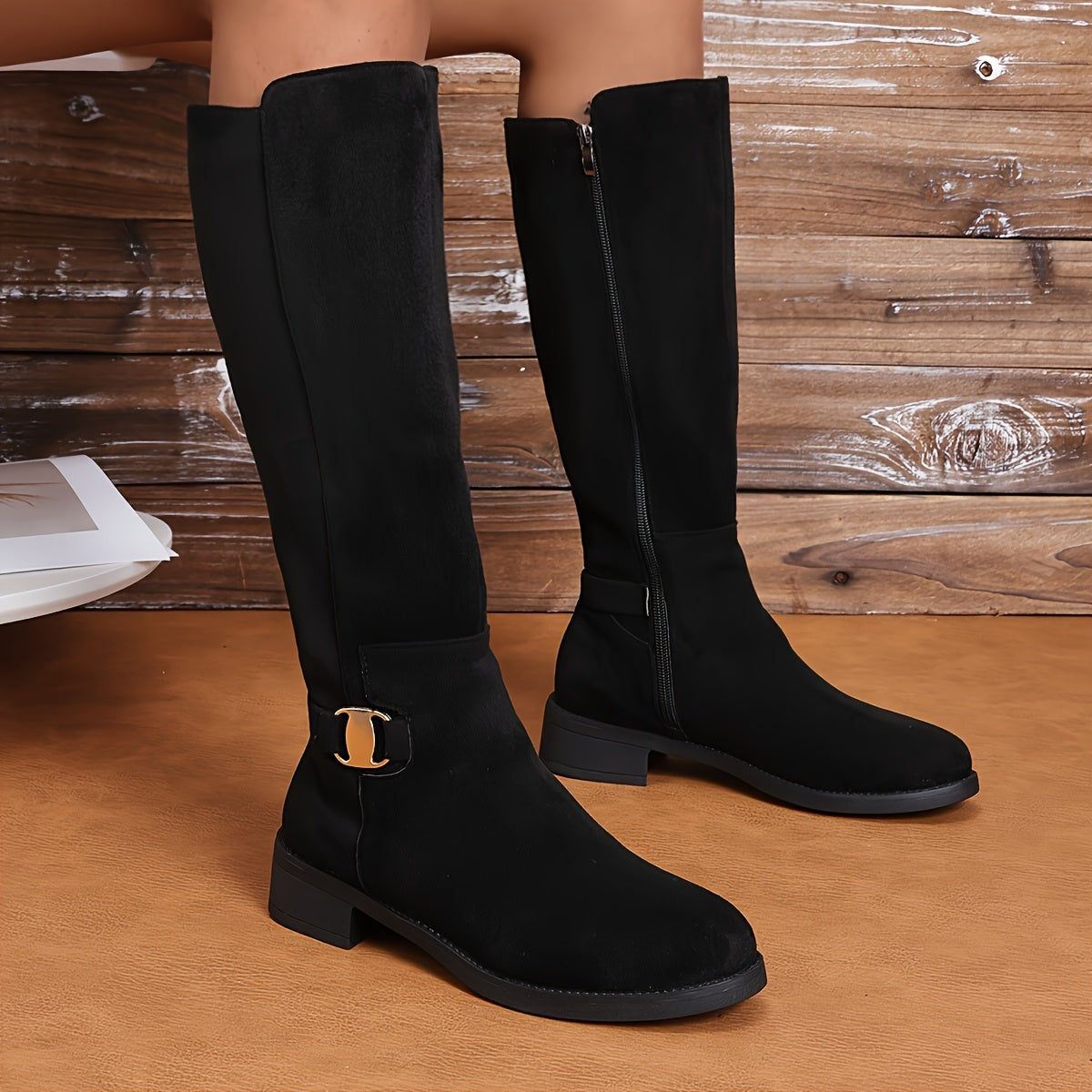 Women's Black Faux Cover Knee-High Boots with Buckle Zipper Pointed Toe