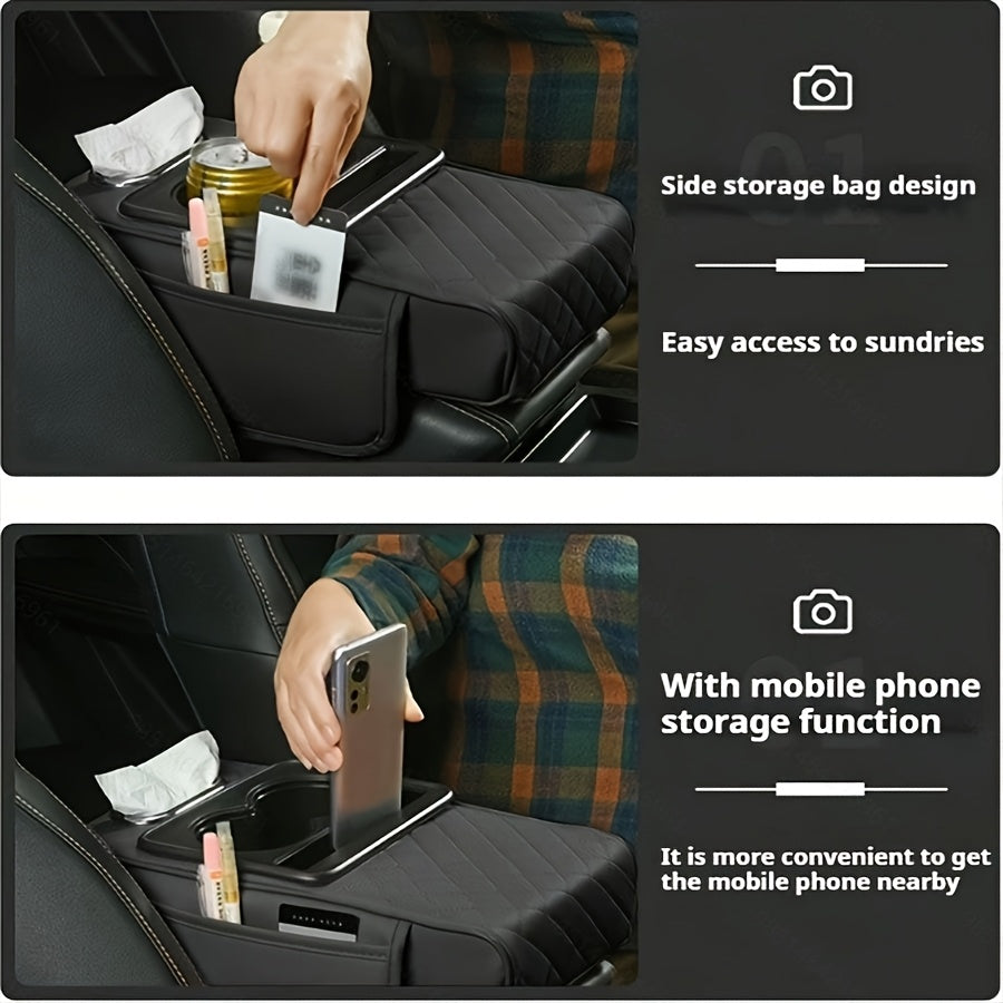 PU Leather Car Armrest Organizer with Cup Holder Tissue Box Storage