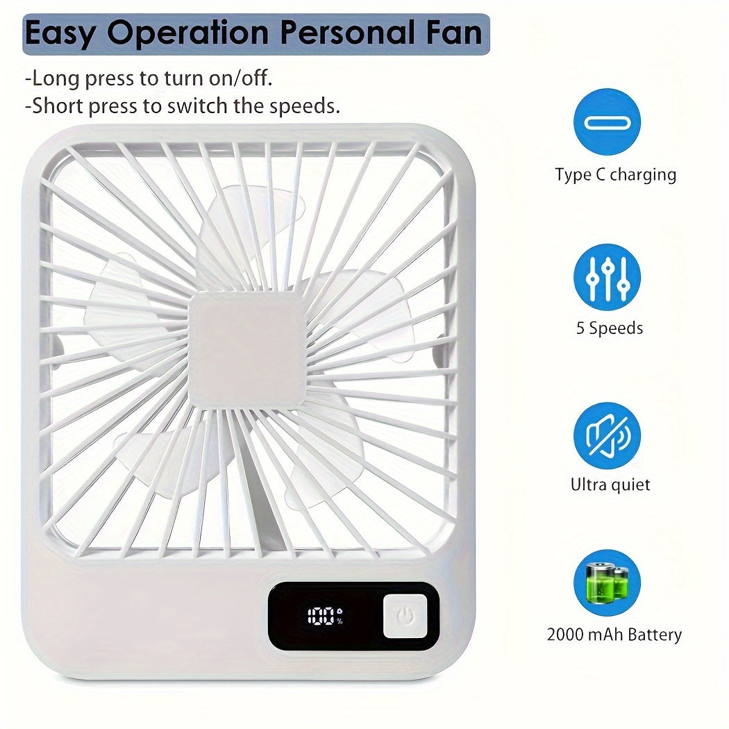 Portable USB Rechargeable Desk Fan with Digital Display, 5-Speed, 180° Tilt