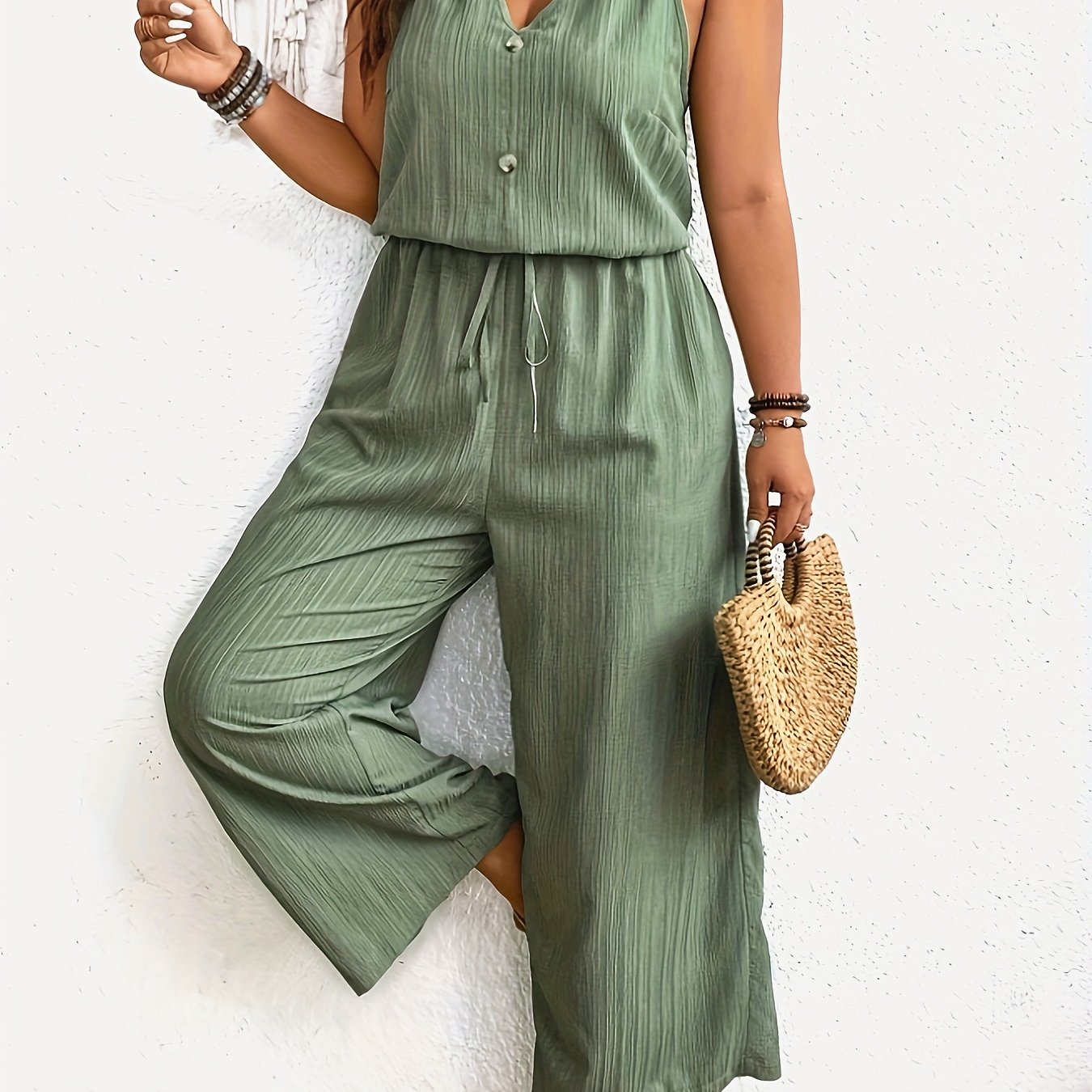 Women's Sleeveless Jumpsuit V-Neck Drawstring Waist Summer Casual