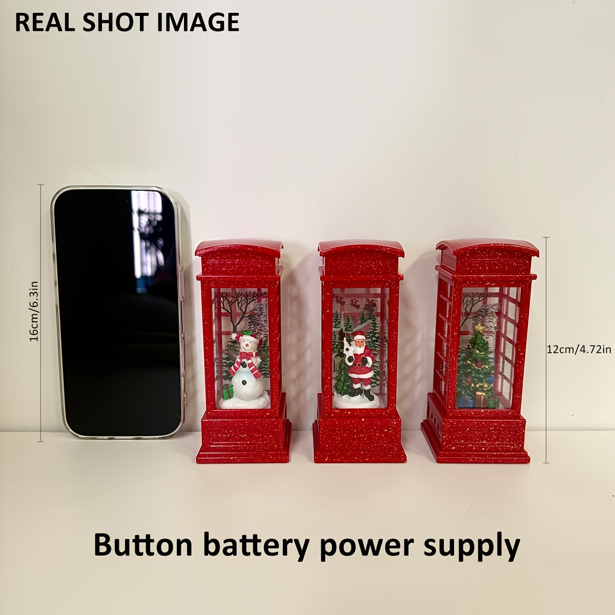 Festive Christmas Phone Booth Decoration with Santa Snowman Tree Scenes Battery-Operated Illuminated Red Cabinet