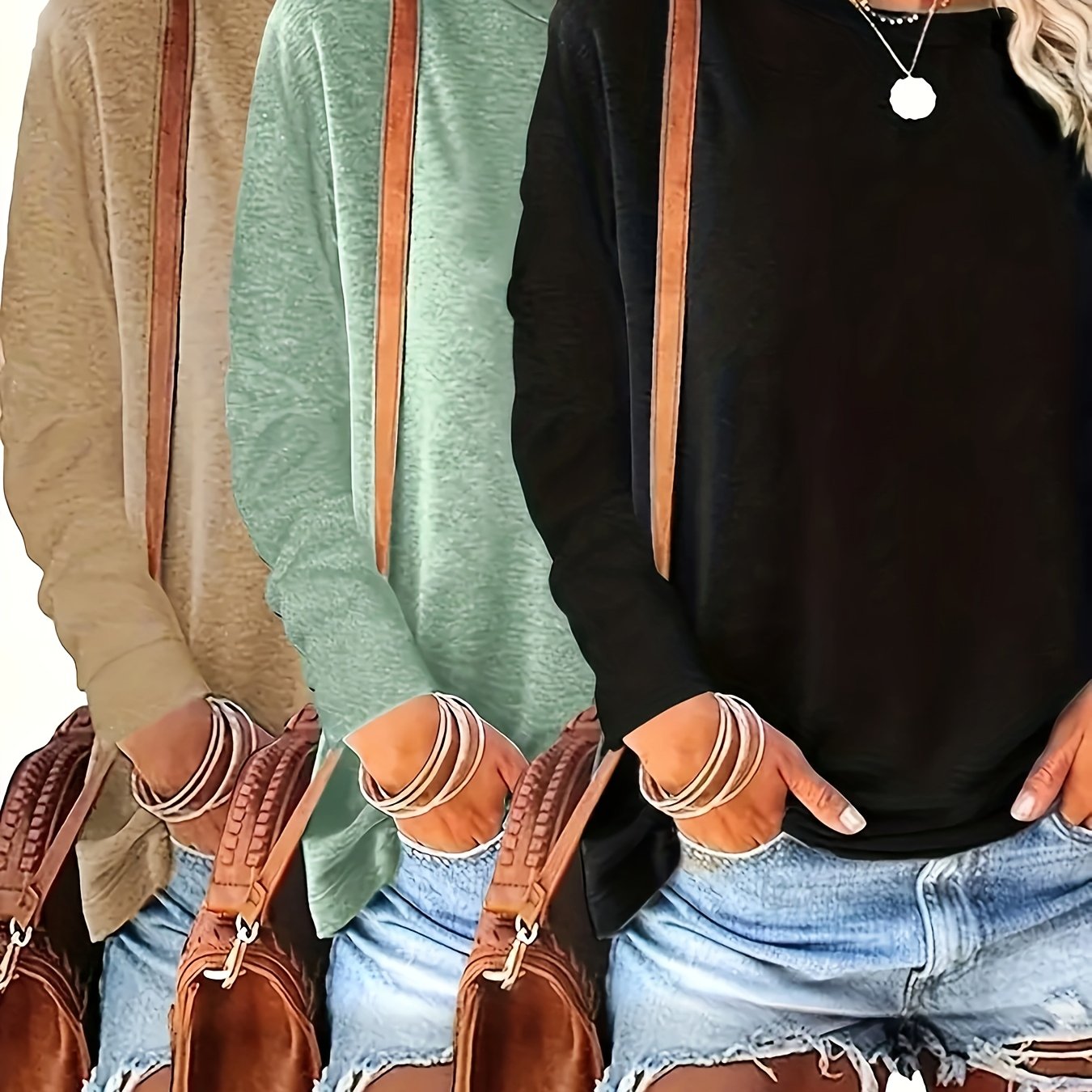 Camisetas de manga larga para mujer con cuello redondo, colores sólidos, pack de primavera y otoño, cómodas