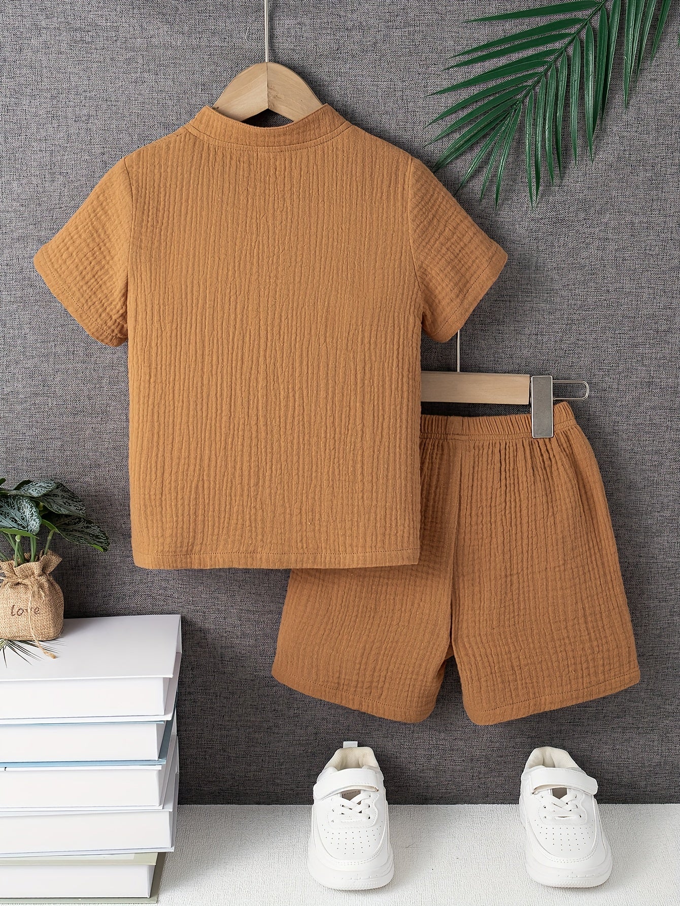 Kids Boys Summer Outfit Two-Piece Solid Cotton Top and Shorts Casual Clothing for Outdoor Activities