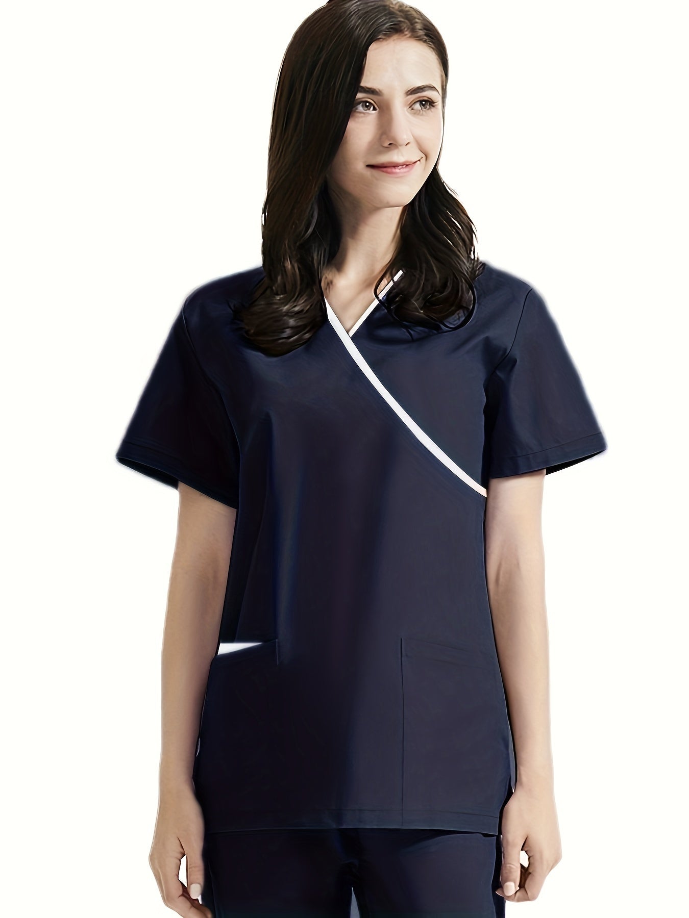 Women's Medical Scrub Set V Neck Short Sleeve Contrast Trim Solid Viscose Polyester
