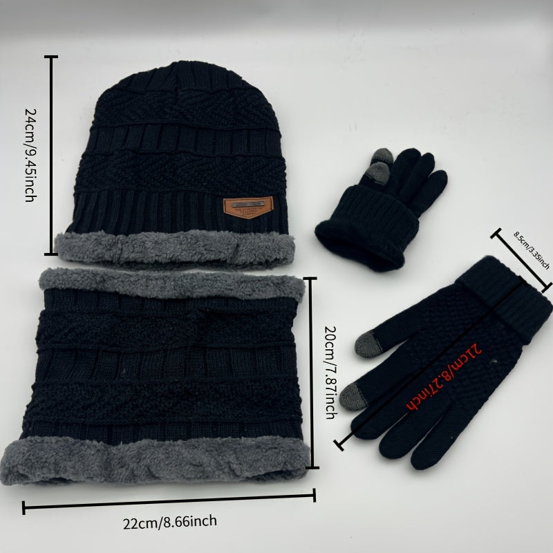 Men's Cozy Knit Hat Scarf Gloves Set Thick Fleece Lining Winter Warmth