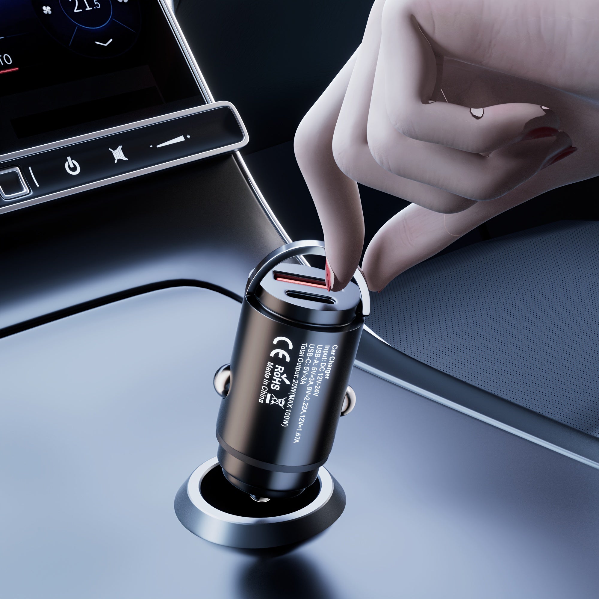 Fast Car Charger Zinc Alloy 100W Dual USB Type-C Mini Black