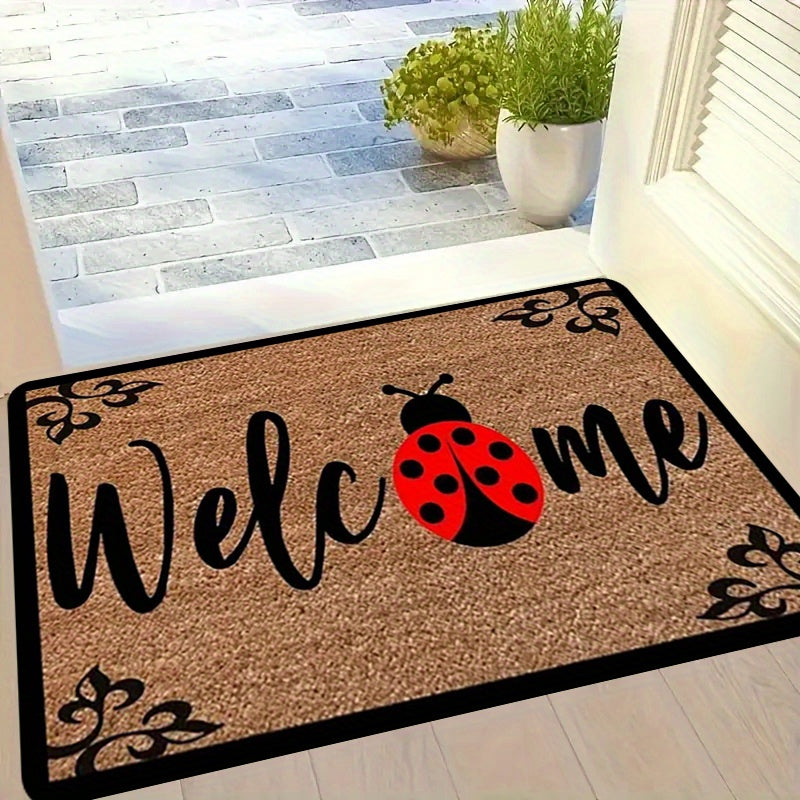 Ladybug Print Door Mat Non-Slip Polyester Entryway Rug 1.1cm Thick Washable