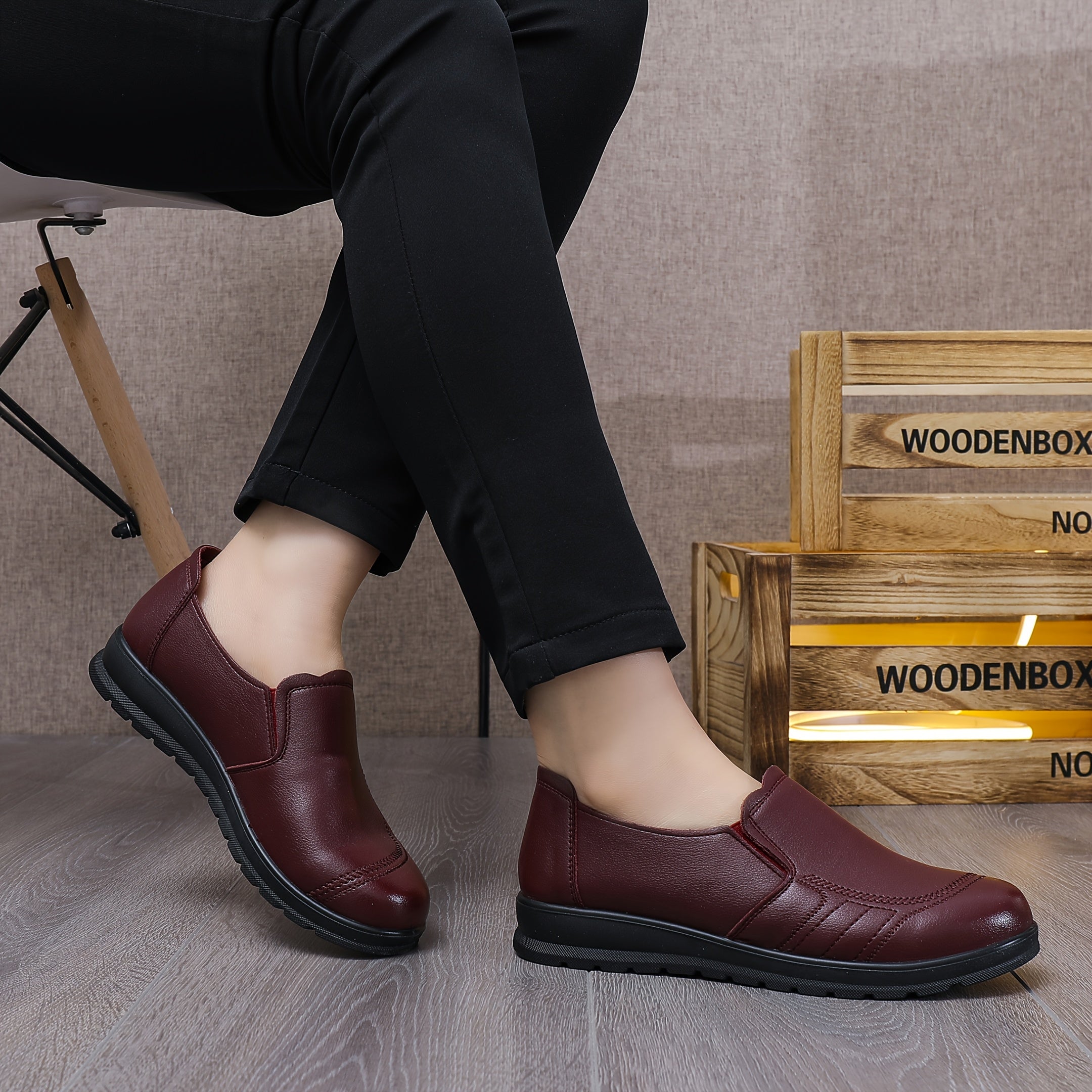 Women’s Vegan PU Penny Loafers Slip-On Round Toe Office Party Shoes Maroon Black Sole