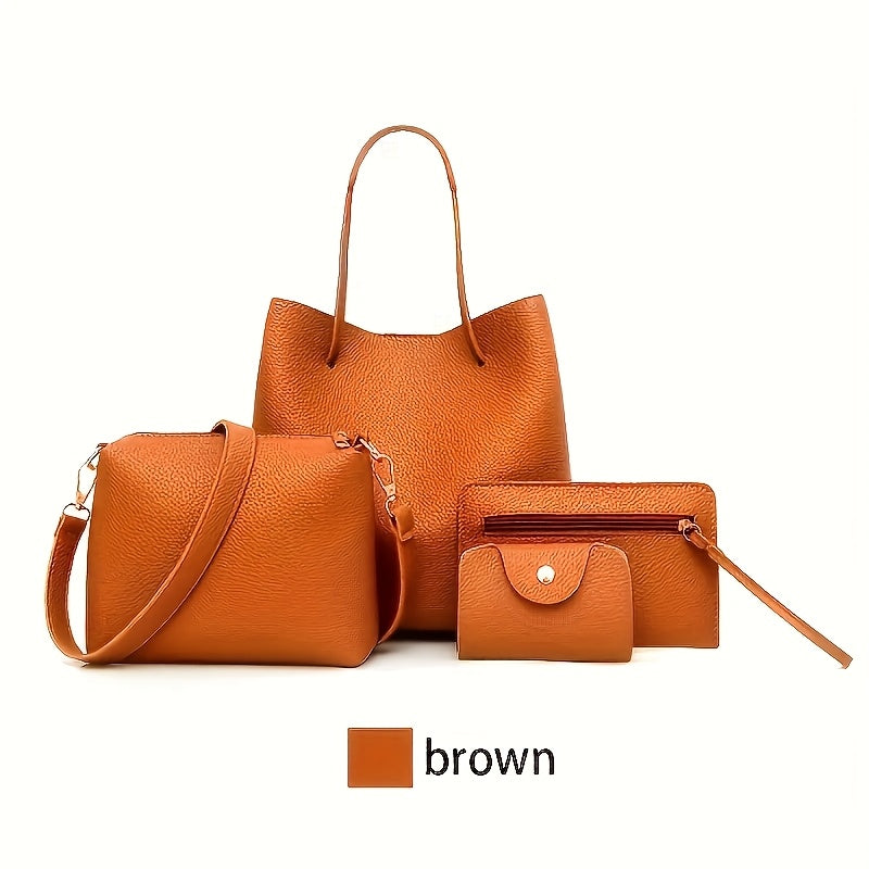 4 ta qora rangli, lychee tuzilishiga ega nafis sumkalar to'plami. Tote sumkasi, hamyon, magnit yopilishi va polyester astariga ega yelka kesim sumkasi kiradi.