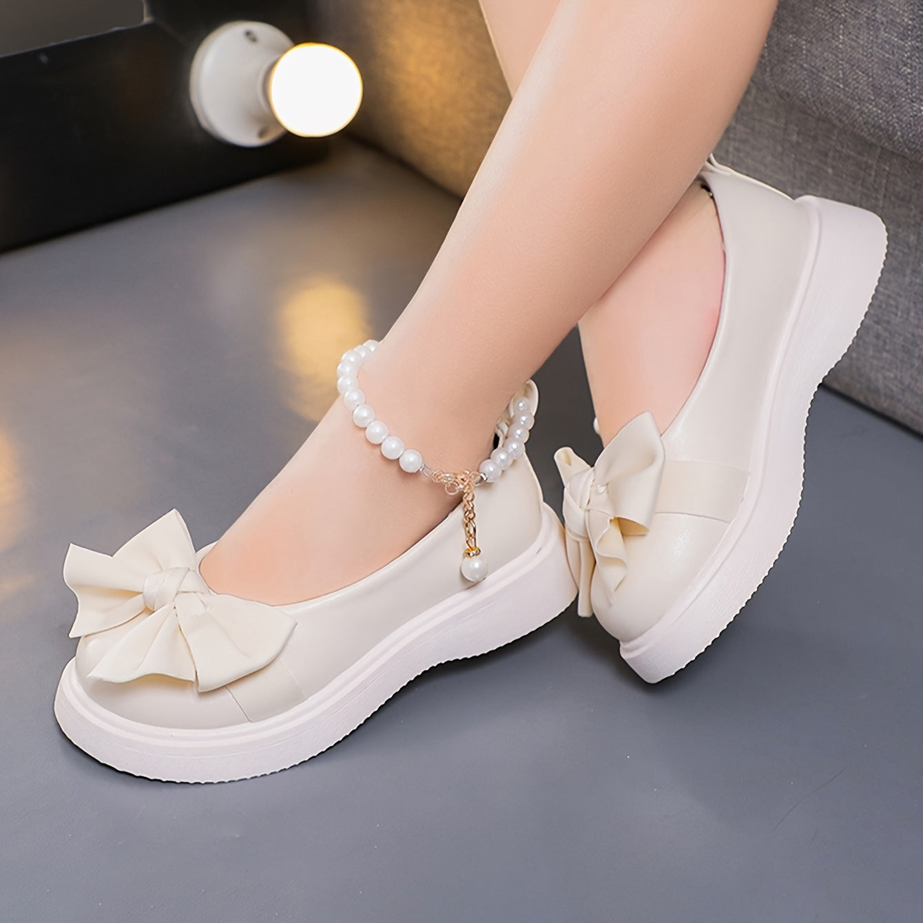 Zapatos Mary Jane para niñas con decoración de lazo de perlas para fiestas y uso casual