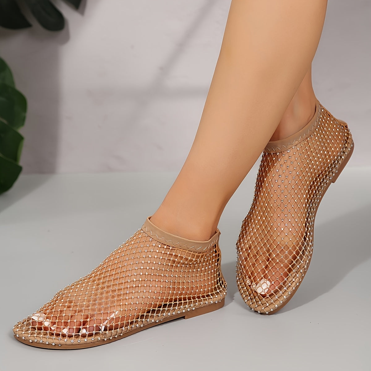 Women's Rhinestone Mesh Flat Shoes with Crystal Embellishments and Rubber Sole