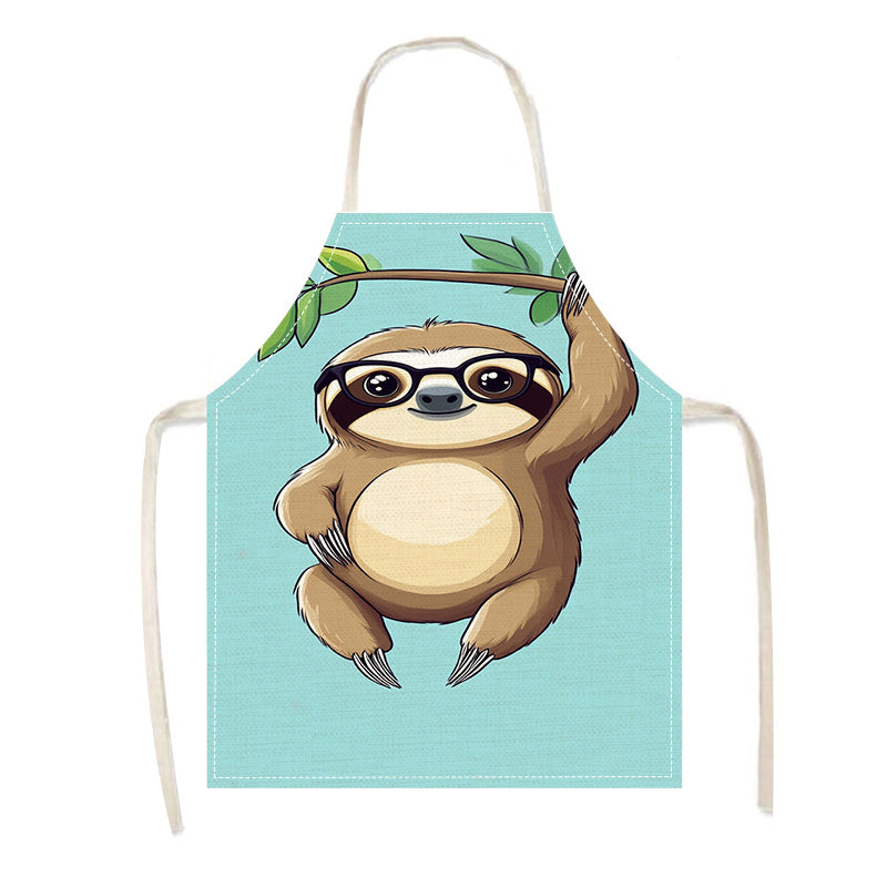 Teal rangli sloth karikaturasi dizayni bilan bezatilgan oshxona oldi. Linozdan tayyorlangan, bu oldi nafas oladigan, suv o'tkazmaydigan va yog'ga chidamli. Uni tozalash oson va pishirish asboblari uchun cho'ntaklari bo'lgan mustahkam matodan tayyorlangan.