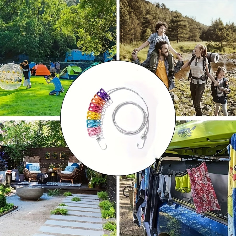 Conjunto de cuerda para tender con pinzas, cuerda elástica, alambre de metal, clips de PVC, para exteriores, línea de secado para viajes