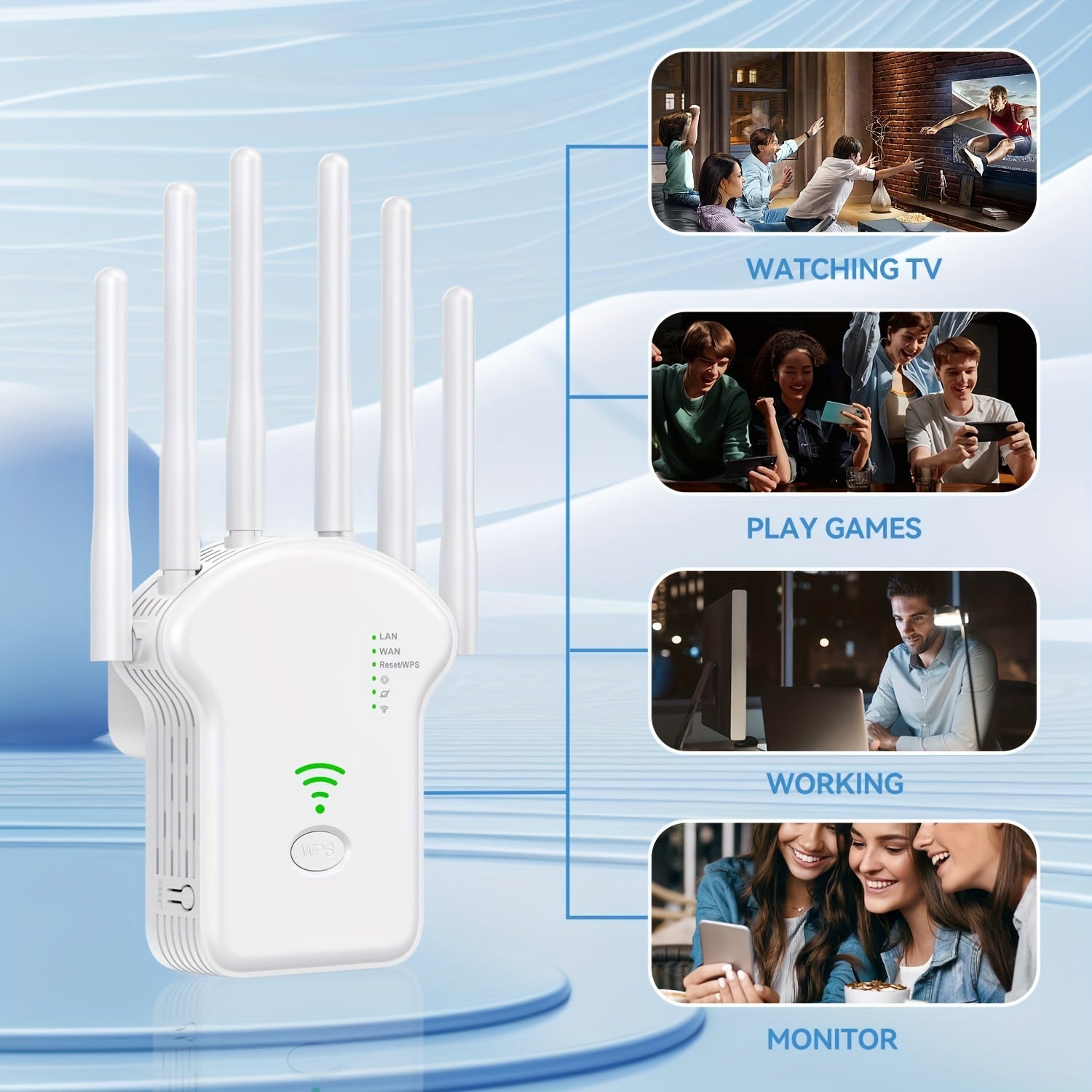 Ikki diapazonli Wi-Fi takrorlagichi, 1200 Mbps, uzoq masofa, 360° qamrov, Ethernet porti, 30+ qurilmalarni qo'llab-quvvatlaydi, uy va ofis tarmoqlari uchun ideal. 6 ta aqlli antennasi va ulash uchun oson foydalanish.