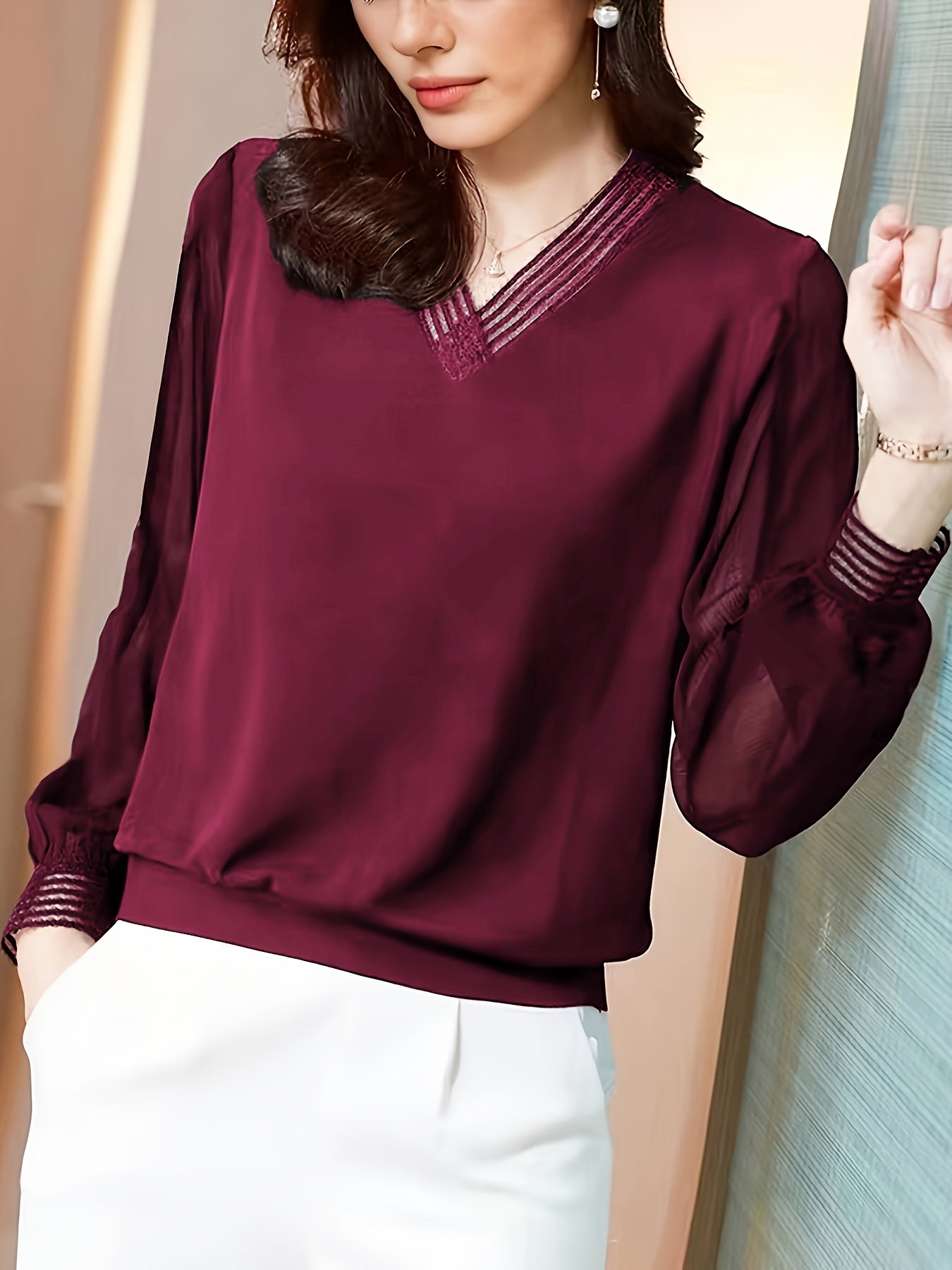 Women's Black Lace Chiffon V-Neck Blouse Spring Fall Layering