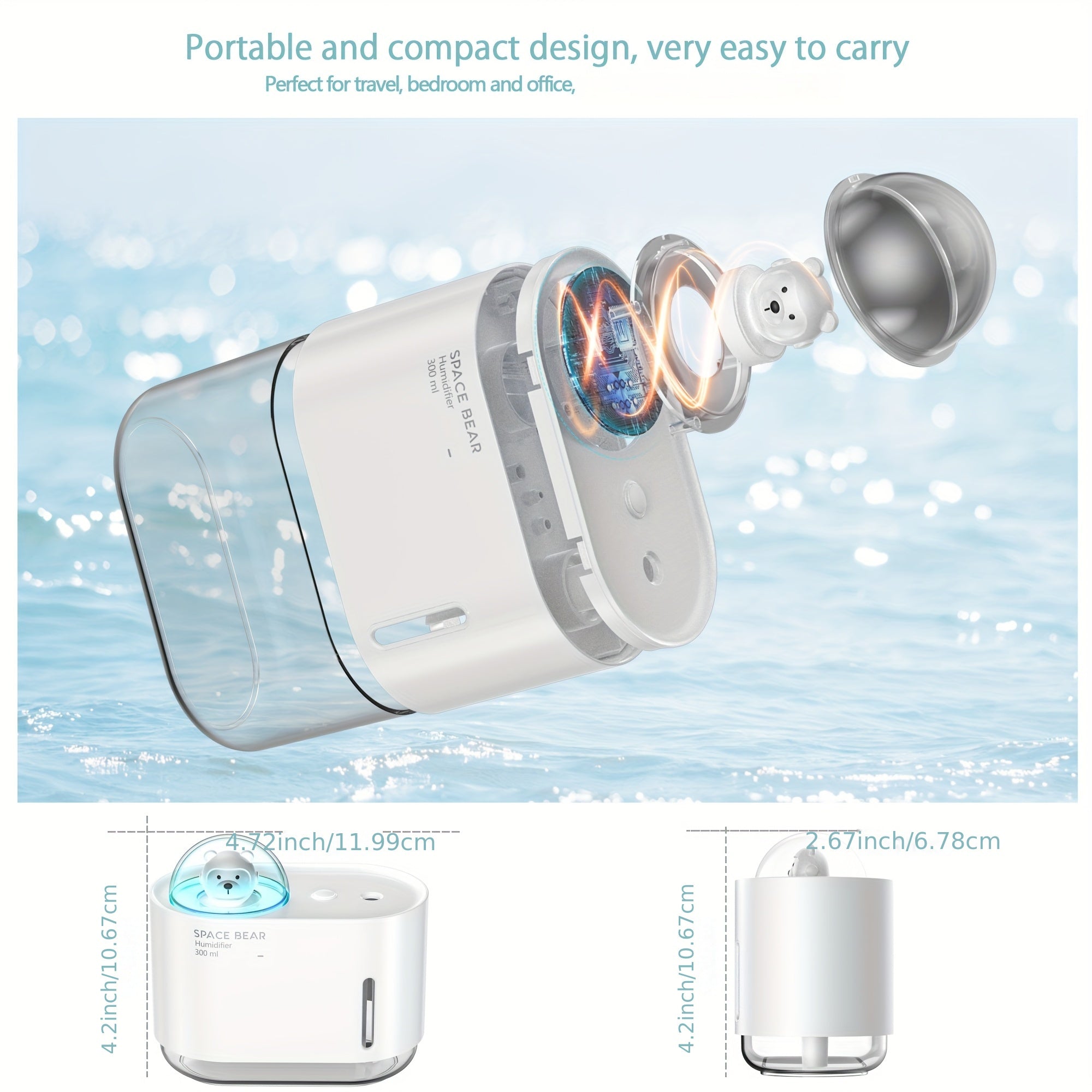 Portable Ultrasonic Cool Mist Humidifier with Night Light 2 Mist Modes Quiet Operation