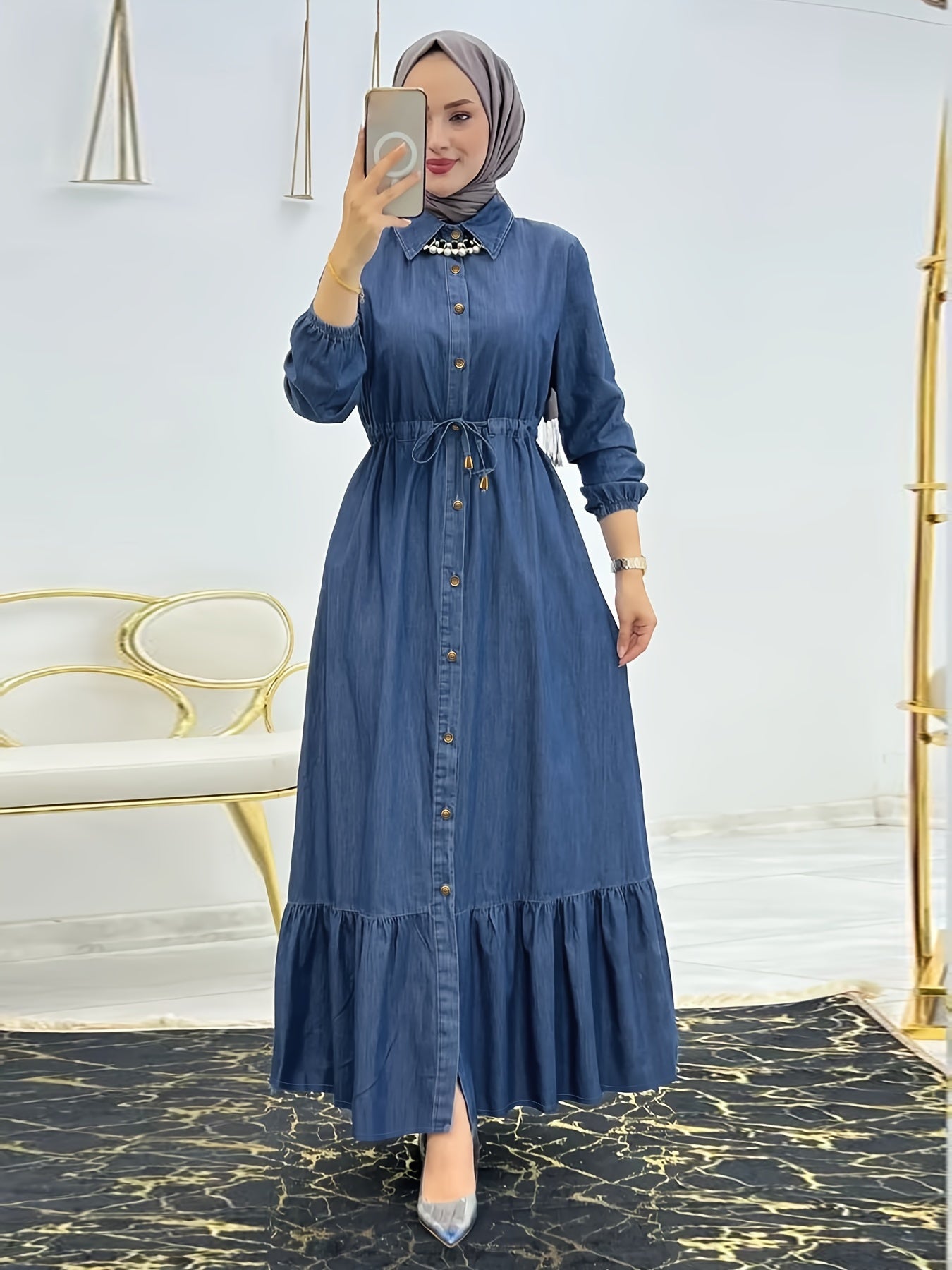 Ramadan Kaftan with Button Front and Ruffle Hem Casual Long Sleeve Solid Polyester Dress