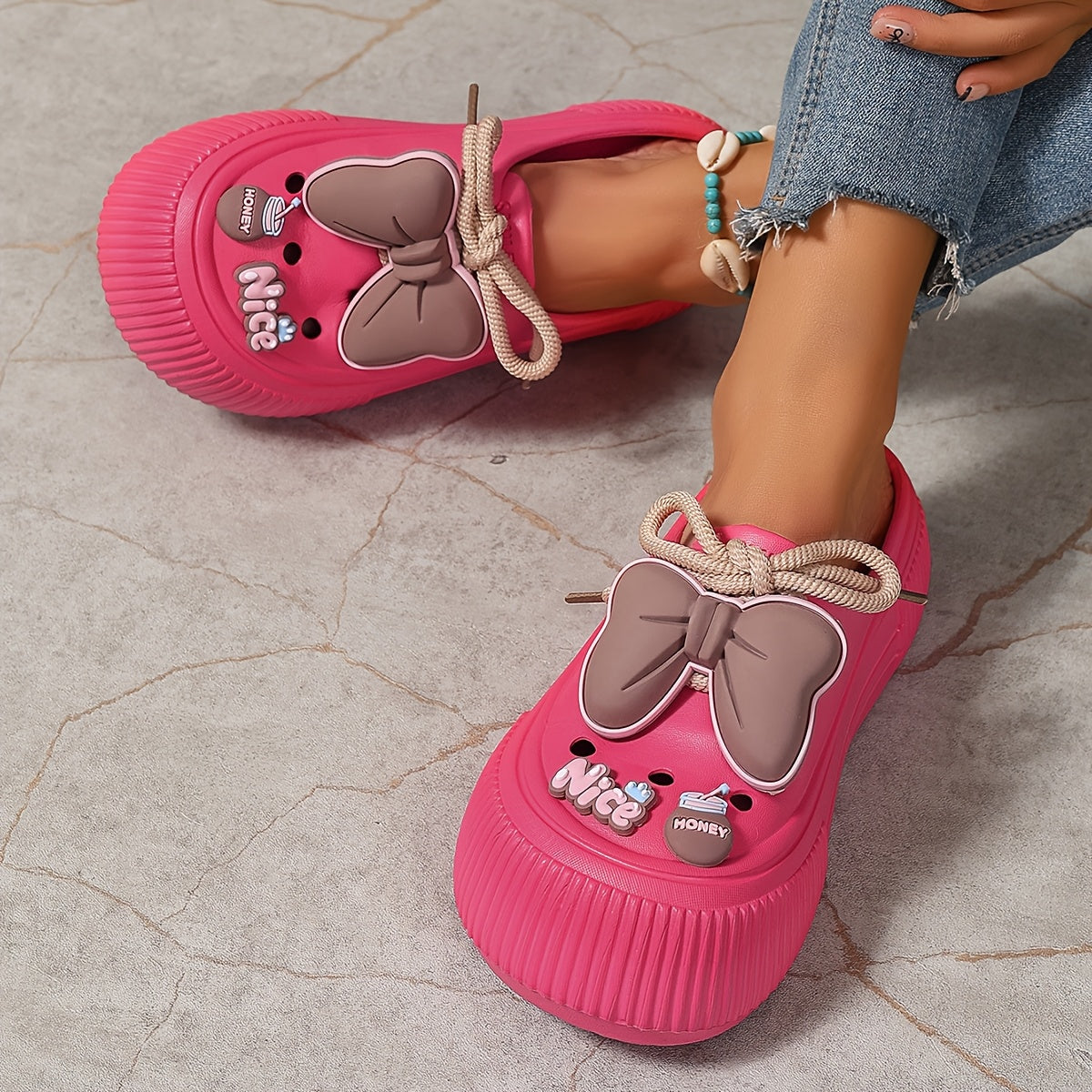 Women's Slide Sandals with Bow, Wooden Soles, Adjustable Strap for Summer