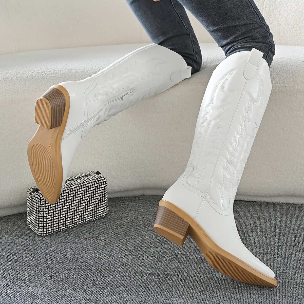 Women's Oversized Pointed Toe Chunky Heel Knee-High Western Cowboy Boots Side Zipper