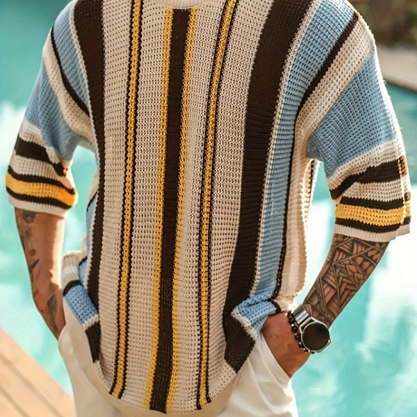 Men's Casual Knit Pullover Sweater Short Sleeve Crew Neck Micro-Elastic Ribbed Stripe Beach Vacation Style