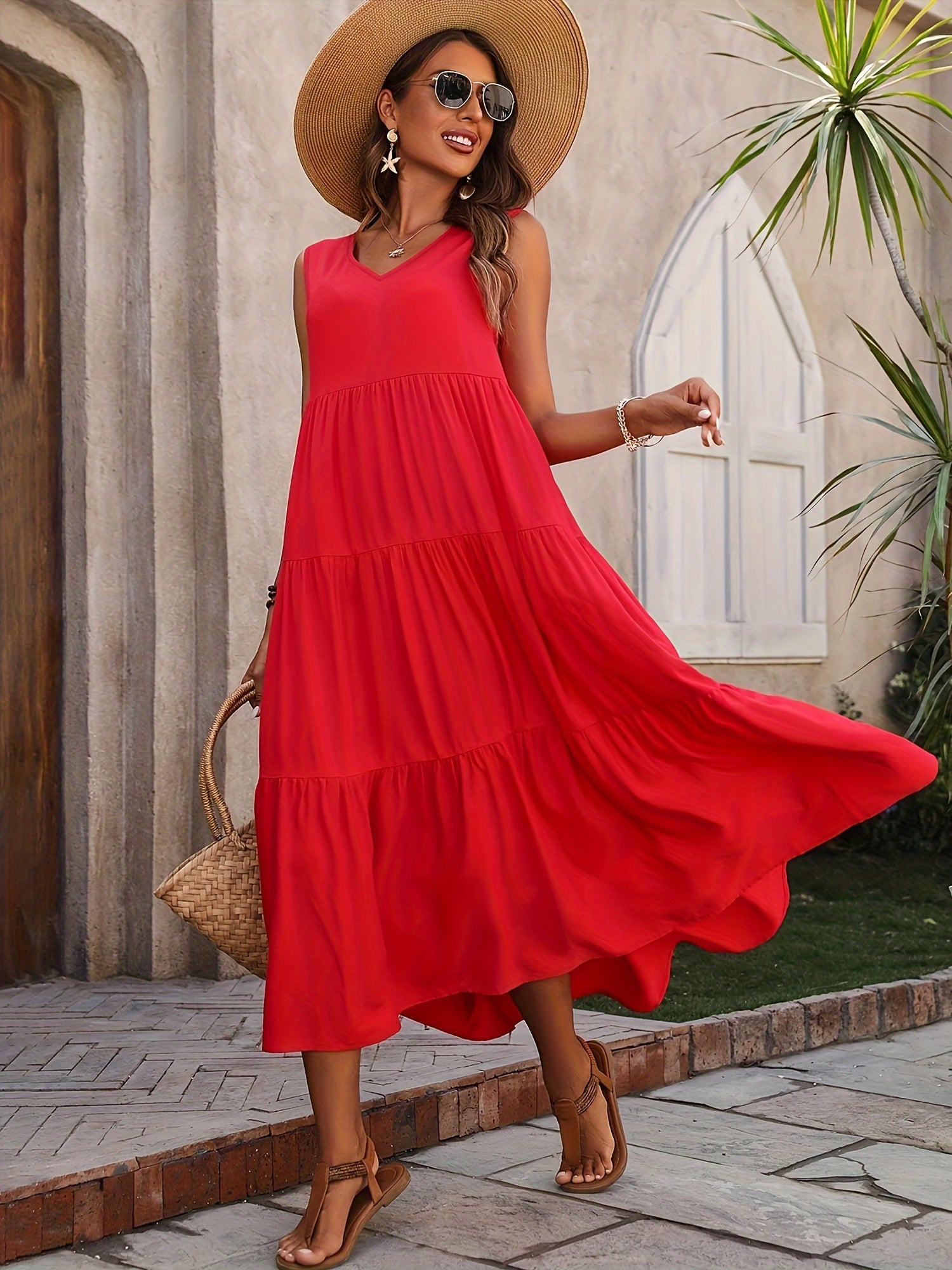 Women's Rayon V-Neck Ruffle Hem Dress for Summer Casual Elegant Flared Solid