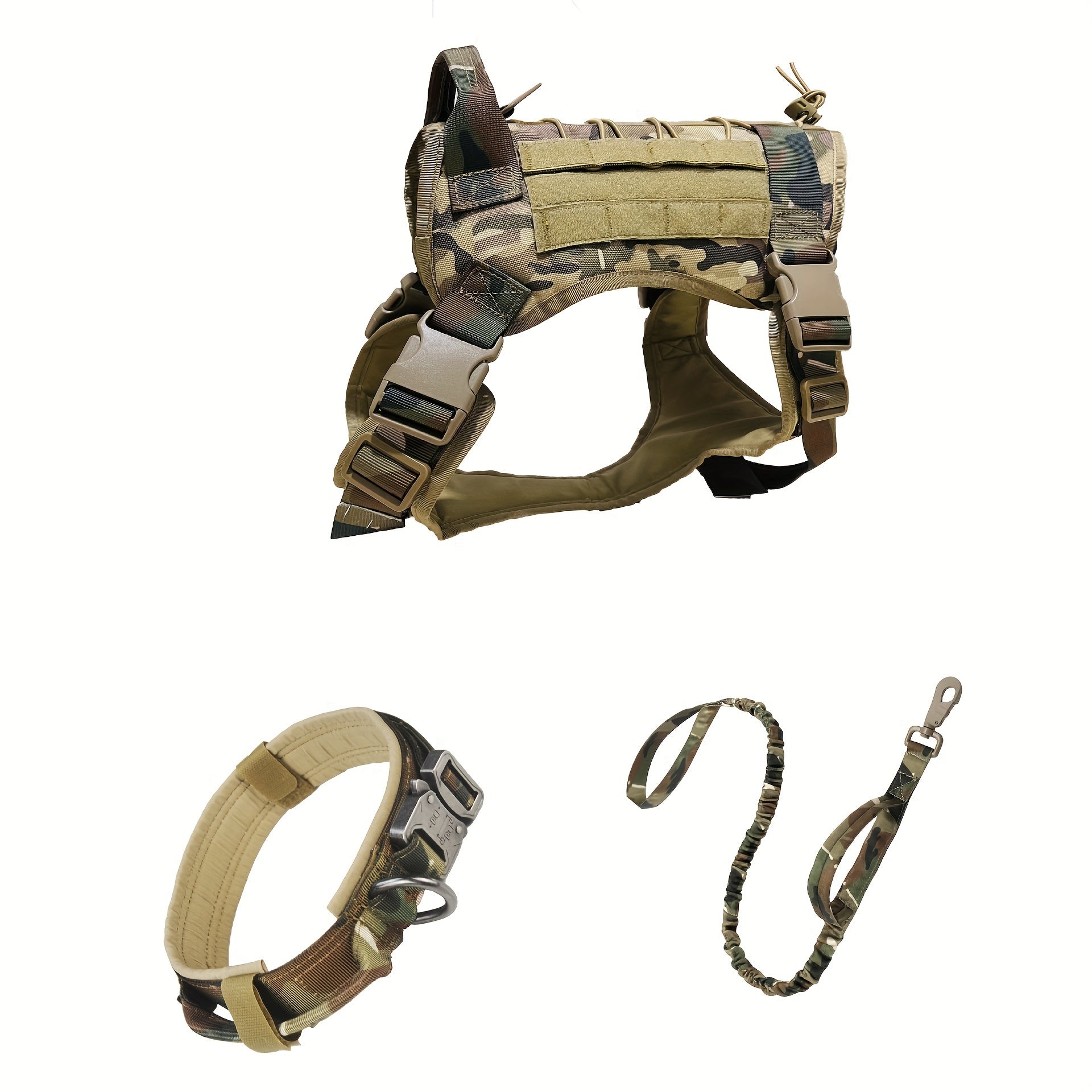 Adjustable Nylon Tactical Dog Harness with Leash for Large Dogs Olive Green Camo